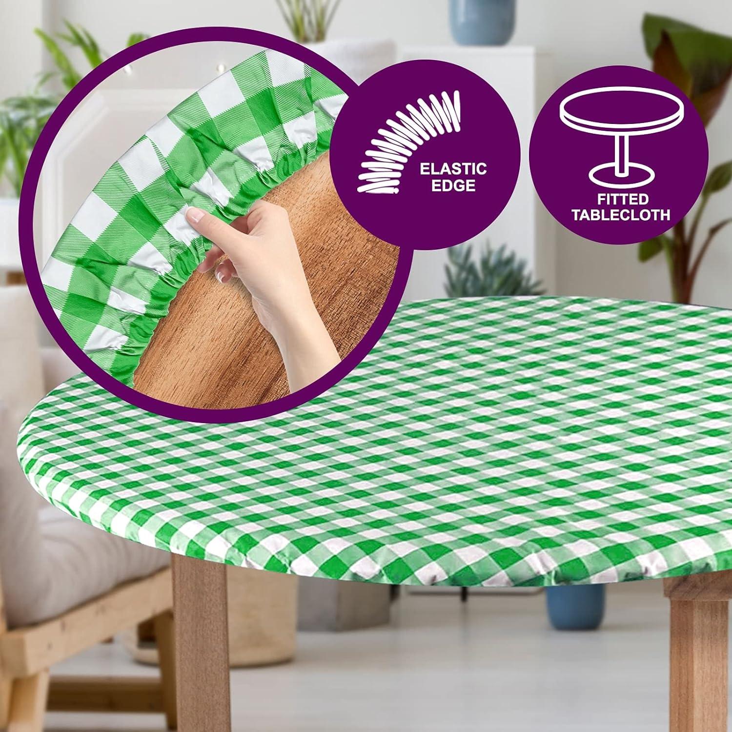 Round Tablecloth -Fitted with Elastic, Vinyl with Flannel Back, 48” Green Checked Design,- By Sorfey