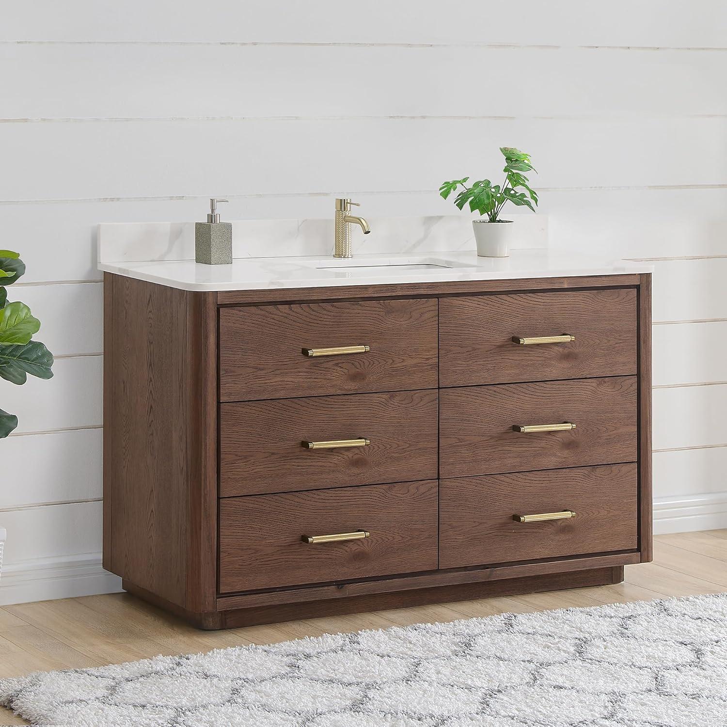 Porto 55" Aged Dark Brown Oak Single Bath Vanity with Fish Maw White Quartz