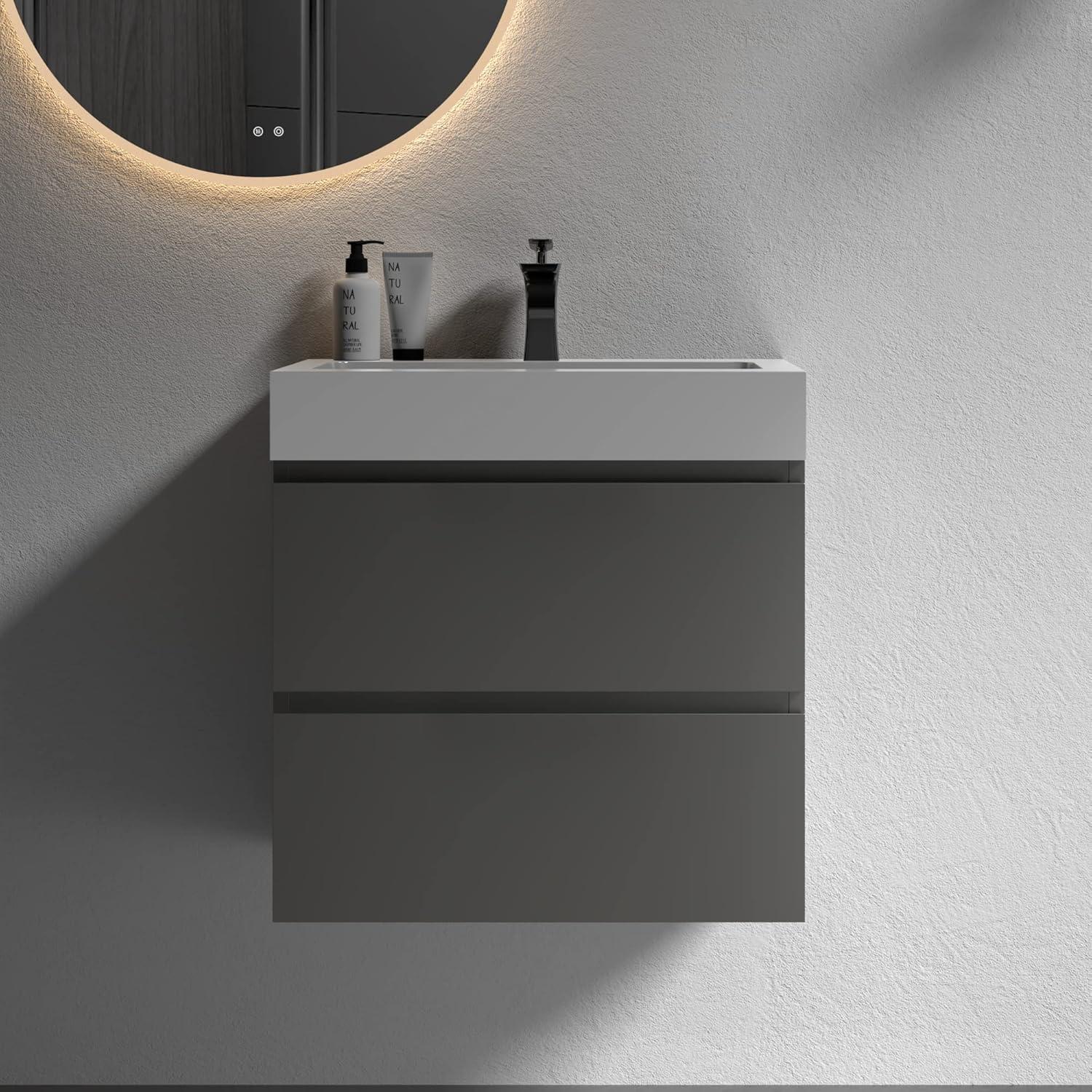 Gray 24'' Floating Wall-Mount Bathroom Vanity with White Sink