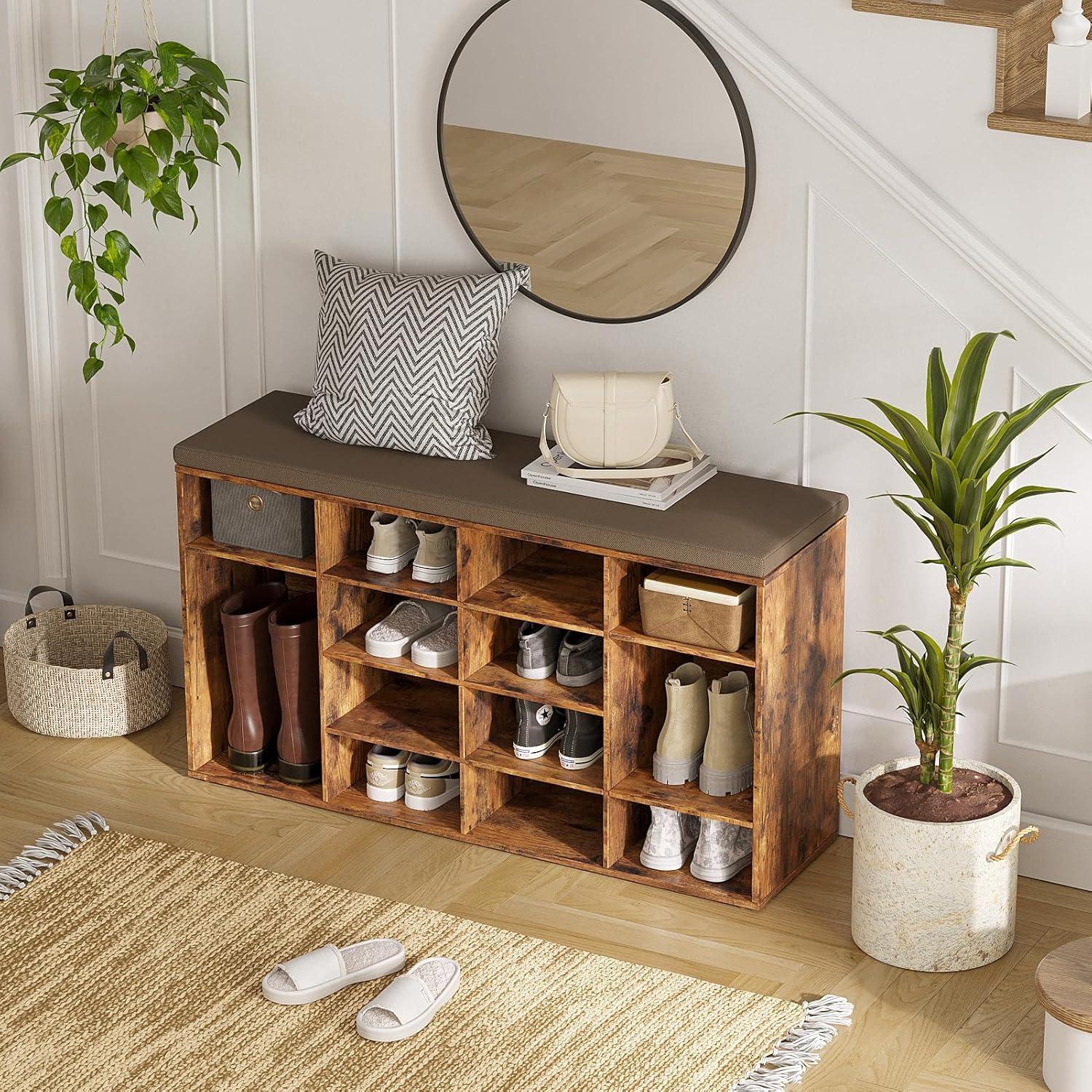 Rustic Brown Particle Board Shoe Storage Bench with Cushion