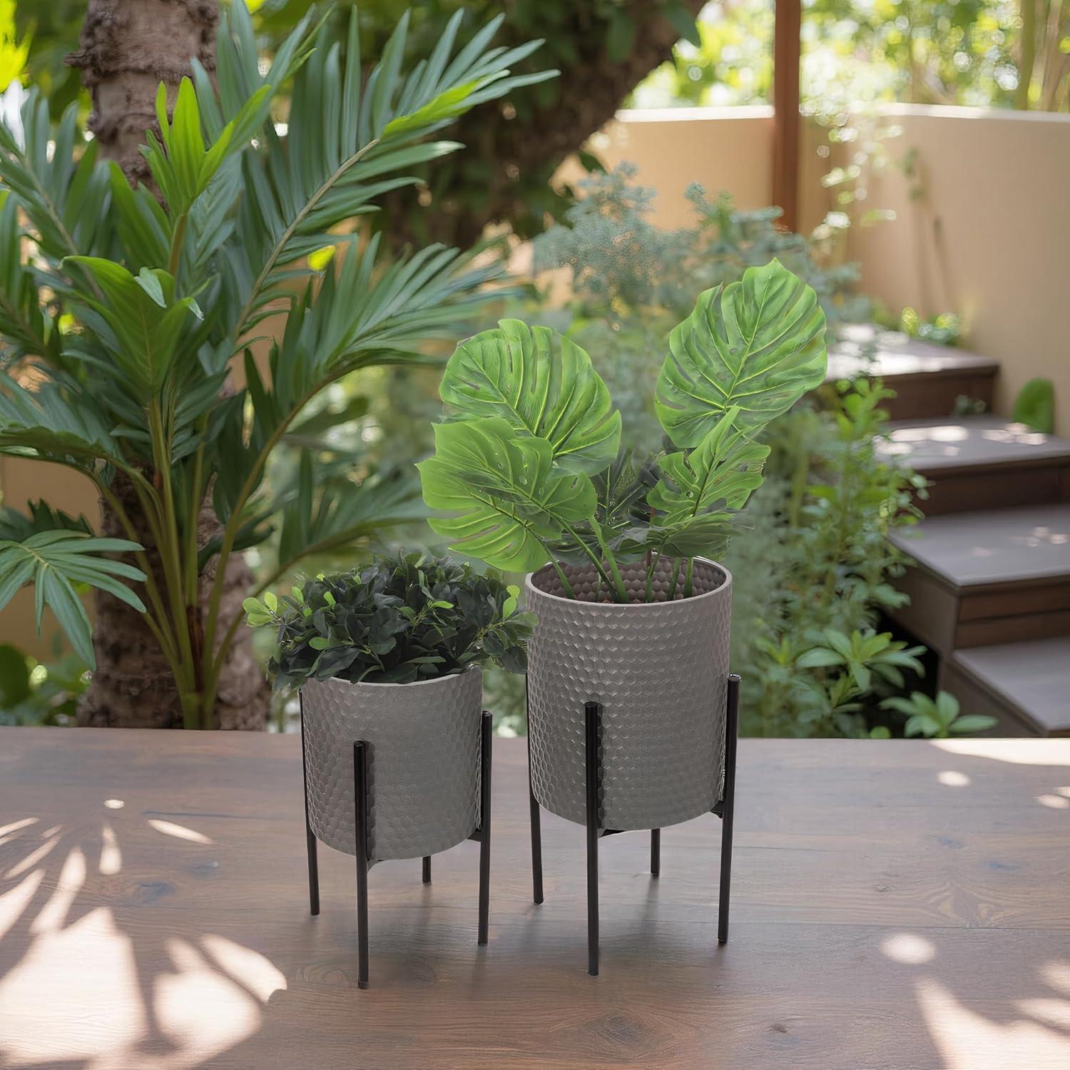 Sagebrook Home Set Of 2 Honeycomb Planter On Metal Stand, Gray/Black, Round, Iron, Contemporary, 23"H, Hexagon