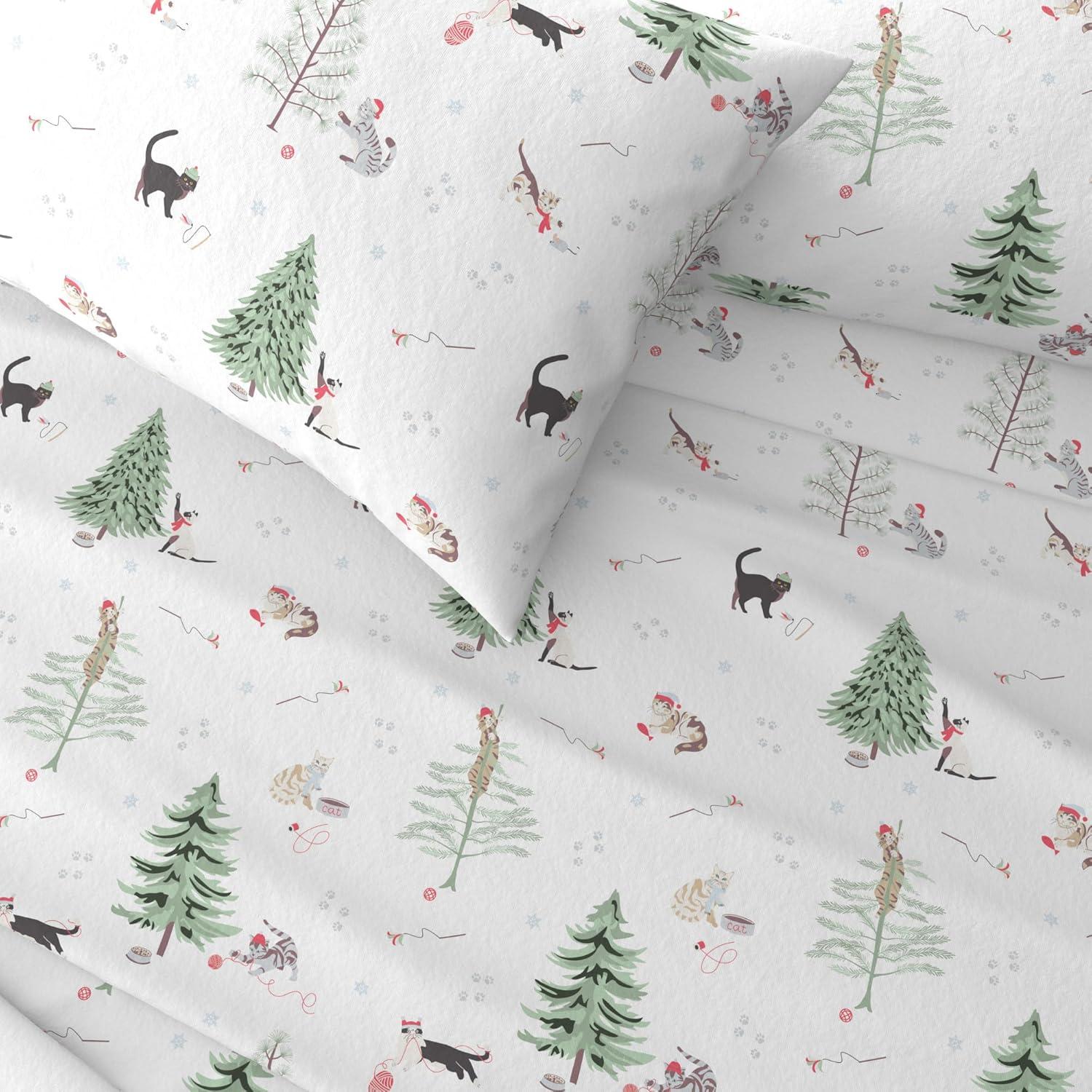 Great Bay Home Winter Flannel Sheet Set - 100% Turkish Cotton - Double Brushed - Twin, Winter Cats