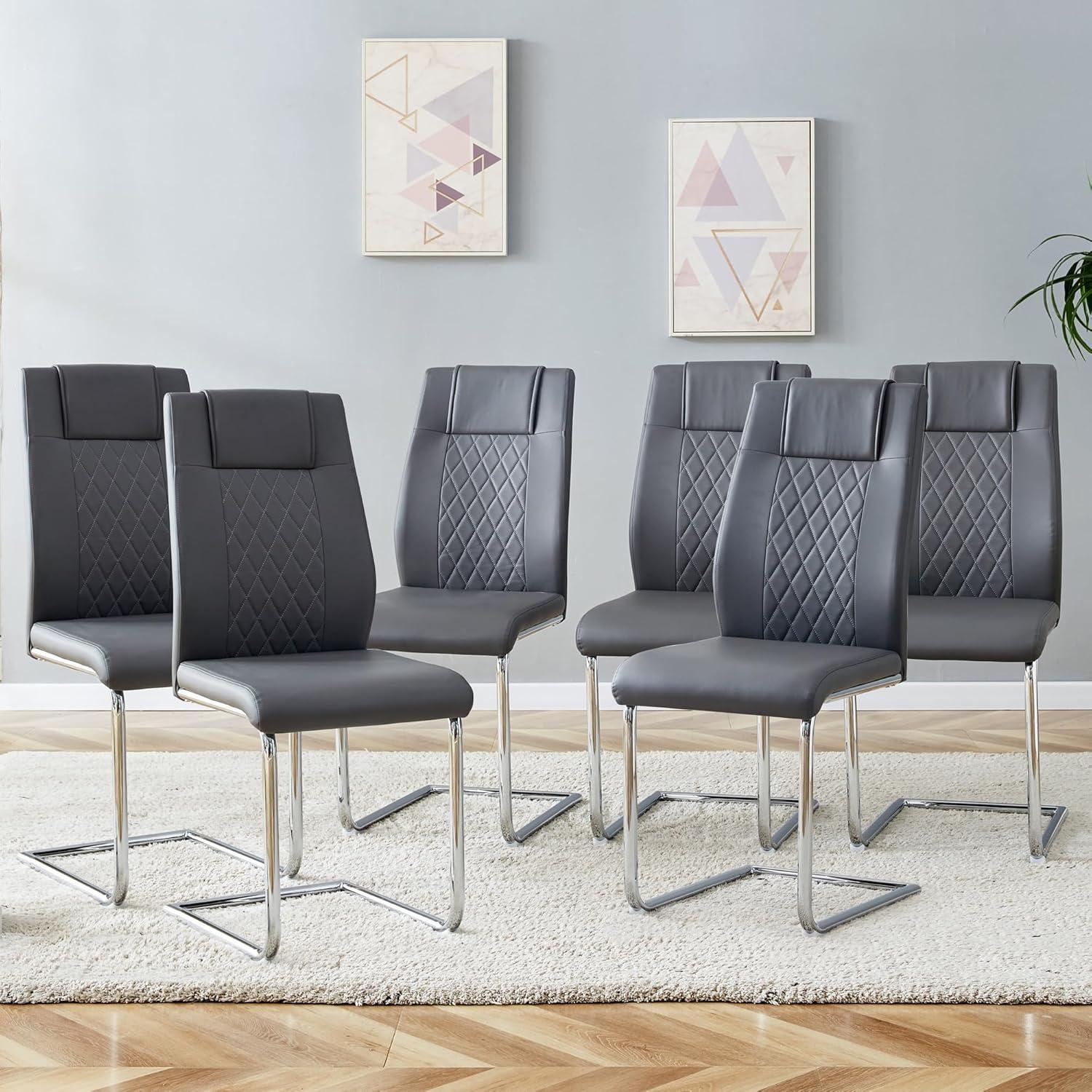 Grey Faux Leather Upholstered Side Chair with Metal Legs, Set of 6