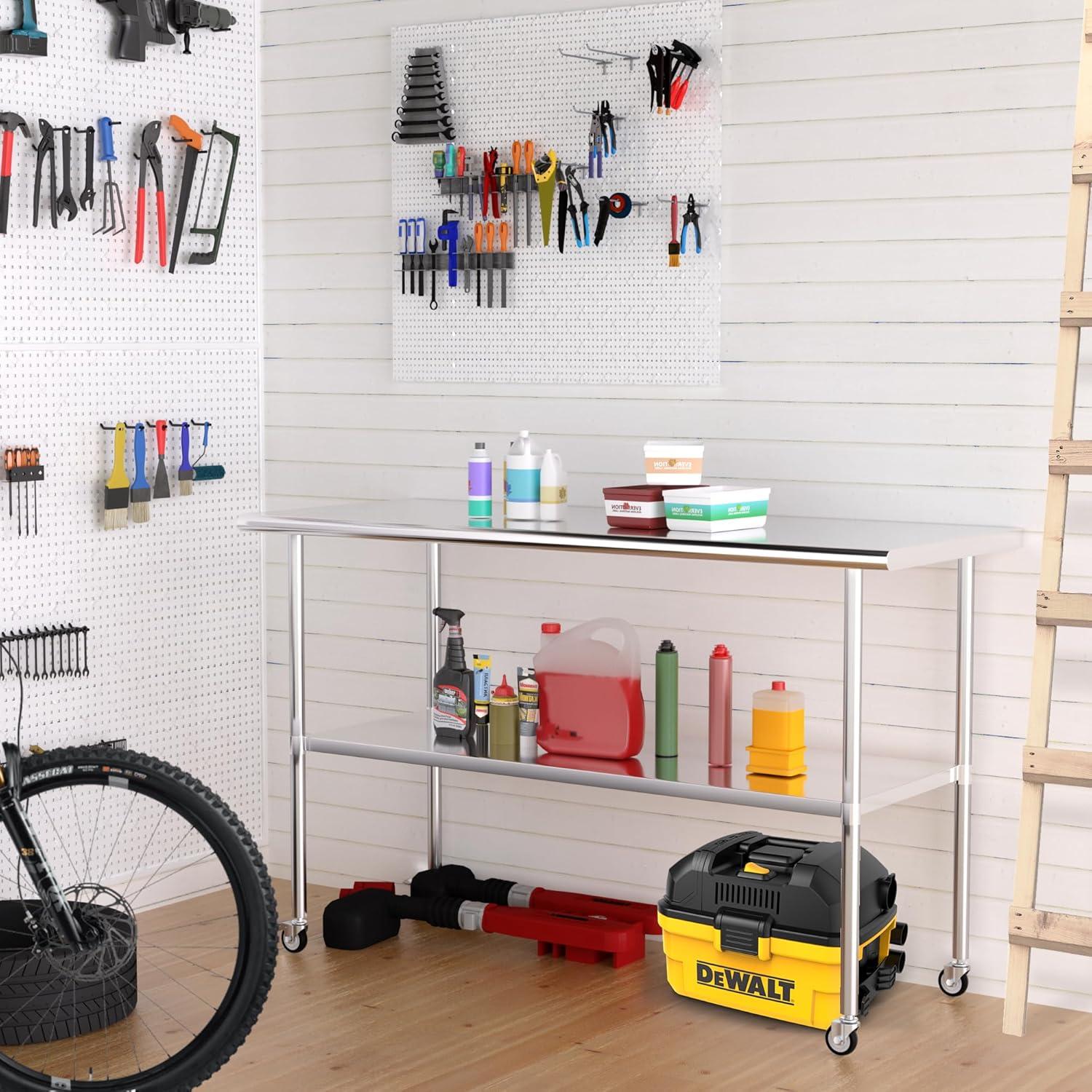 Stainless Steel Table with Wheels 24 x 60 Inches Metal Prep Table with Adjustable Undershelf for Commercial Kitchen, Outdoor, Restaurant, Hotel & Garage