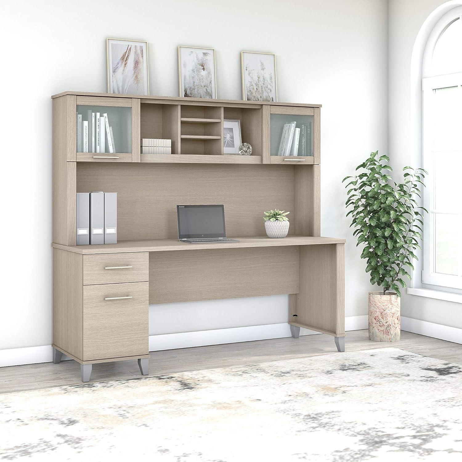 Bush Furniture Somerset 72" Desk and Hutch with Storage, Sand Oak