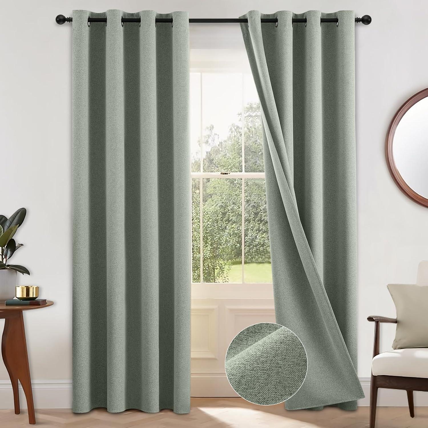 COSVIYA 100% Blackout Sage Green Linen Curtains & Drapes 84 Inch Length 2 Panels Set, Full Room Darkening Grommet Insulated Thermal Window Panels for Bedroom/Living Room,52x84 inches