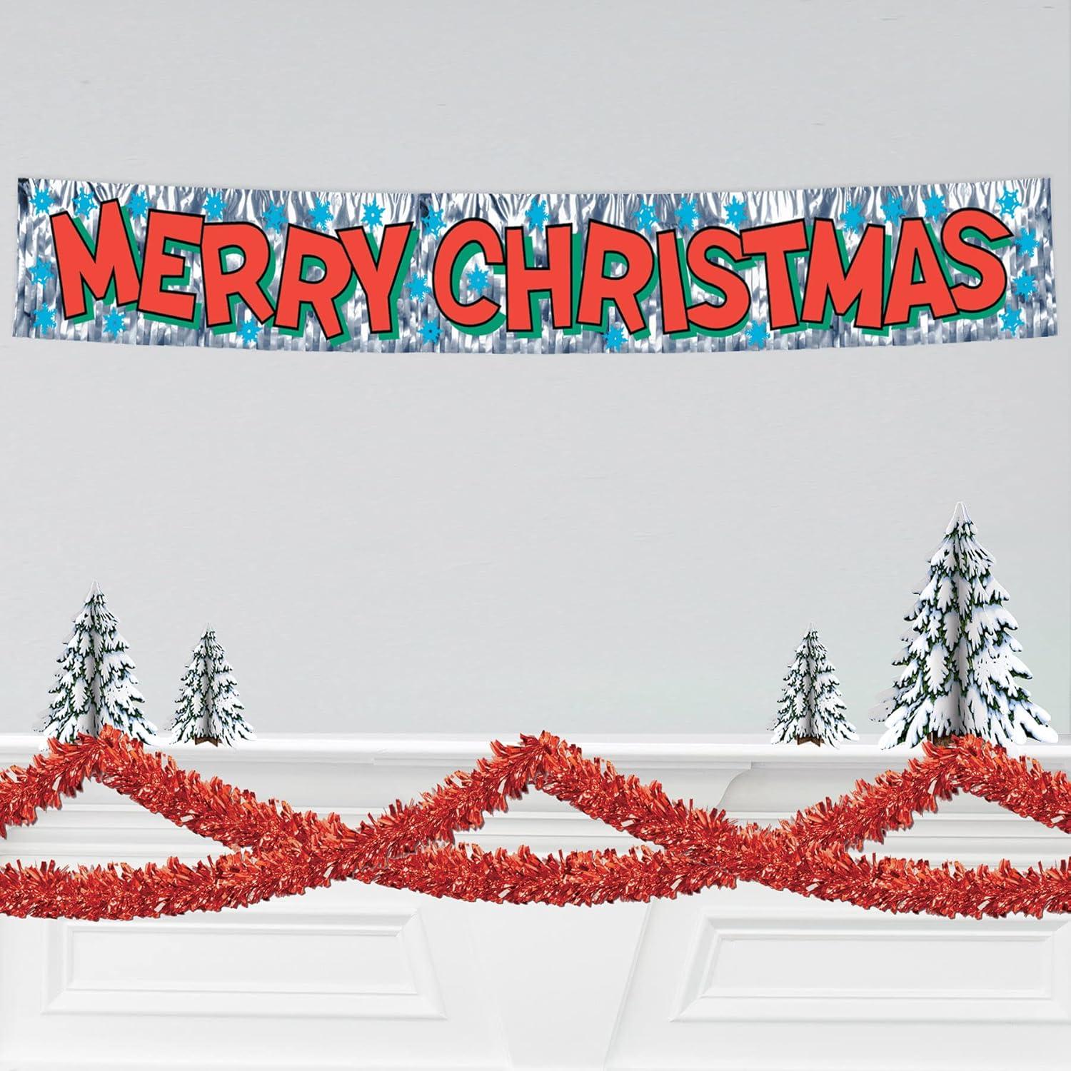 Beistle 8" x 5' Merry Christmas Fringe Banner; Silver 4/Pack 20880