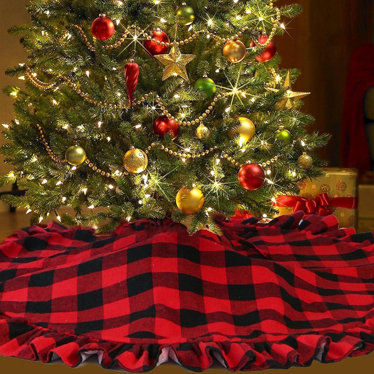 48-Inch Red and Black Buffalo Plaid Christmas Tree Skirt with Ruffle Edge