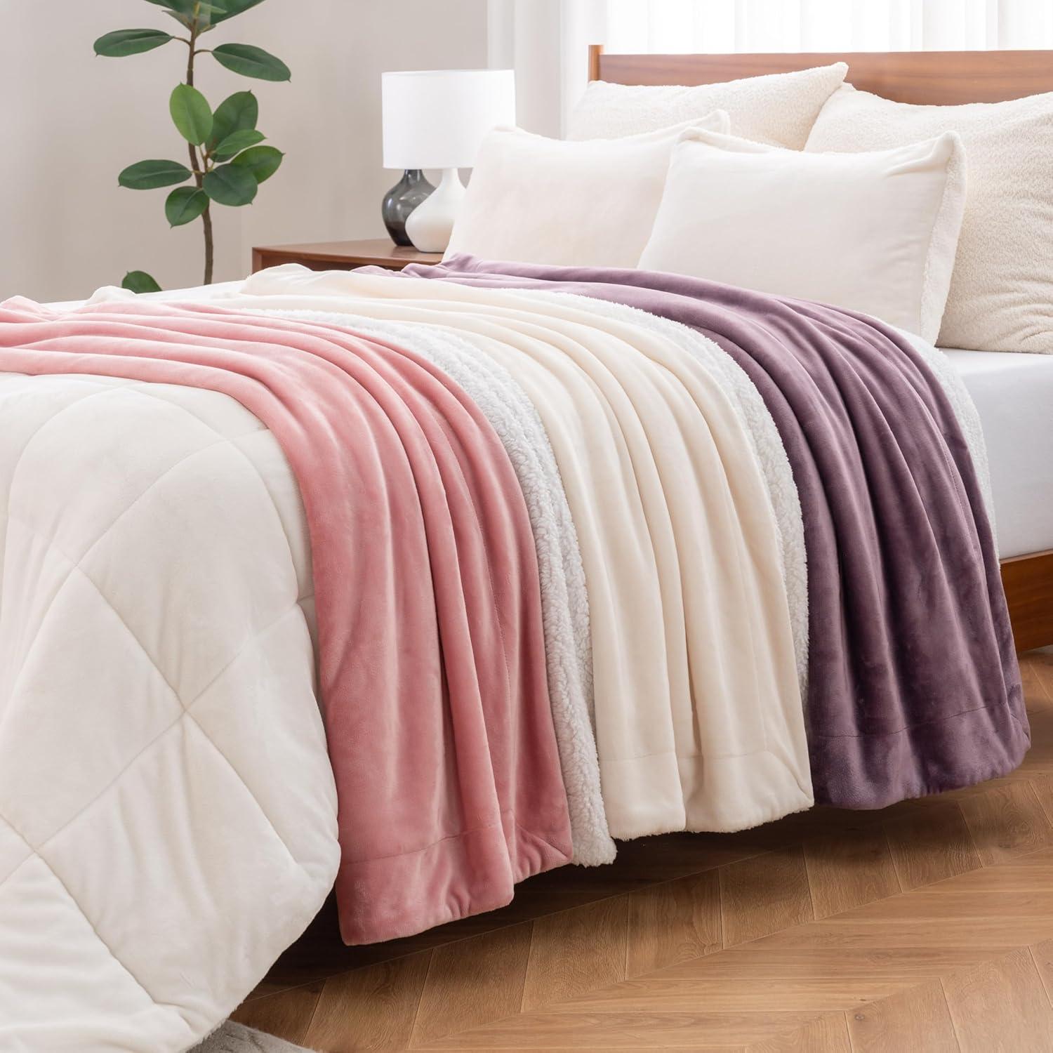 Berkshire Blanket-Sherpa Throw Blanket, Warm and Soft Loftmink Reversible Throw for Couch, Sofa and Travel, Frosty Mauve, 50 in x 60 in