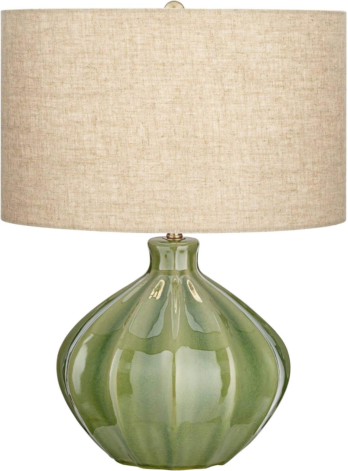 Handcrafted Ribbed Green Ceramic Table Lamp with Oatmeal Drum Shade