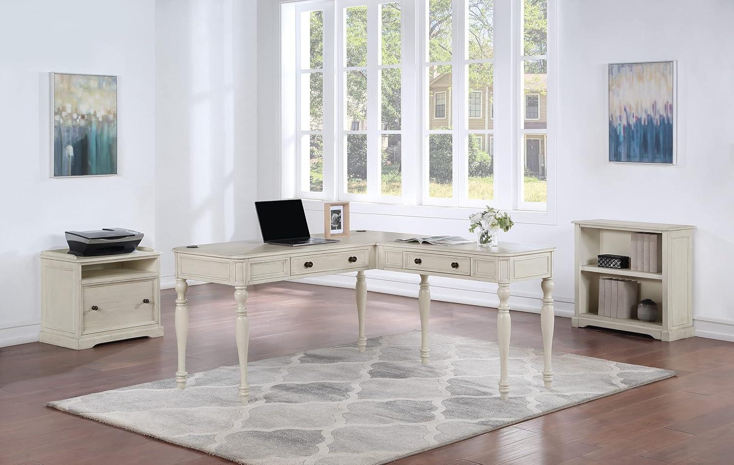 Antique White L-Shaped Wood Desk with USB Ports and Drawers