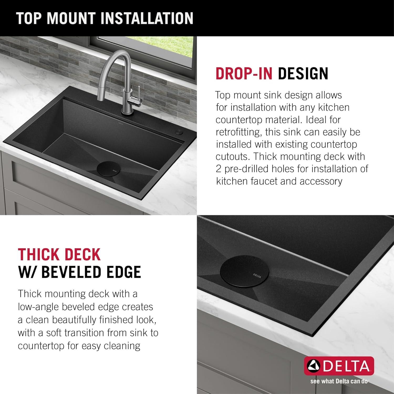 Delta Rivet™ Black Stainless Steel Drop-In Top Mount 16 Gauge Workstation Kitchen Sink Single Bowl