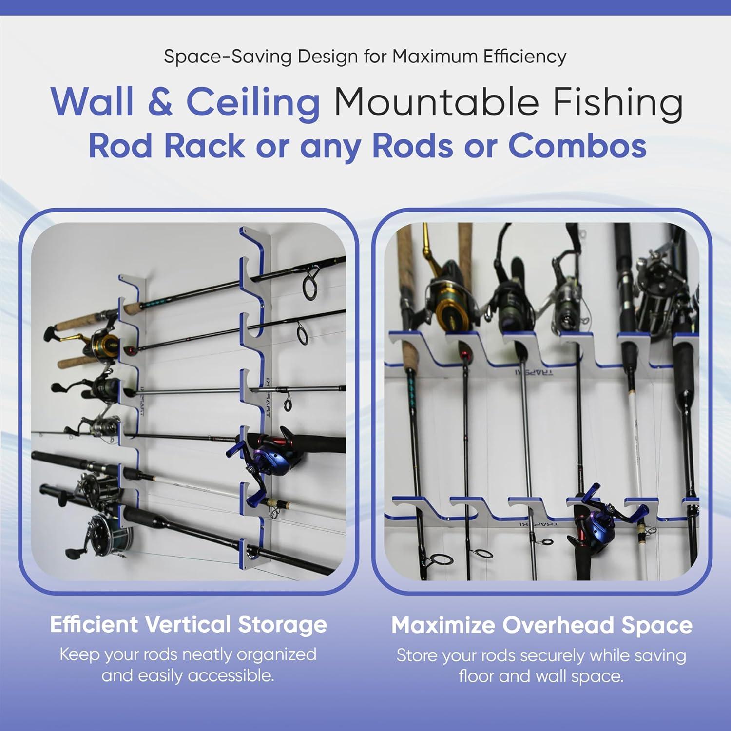 Made in the USA Fishing Rod/Pole Holder Rack Organizers | Wall or Ceiling Mounted Fishing Rod Rack | Durable Marine Grade HDPE Plastic | Fishing Pole Holder Holds up to 3 to 12 + Stackable
