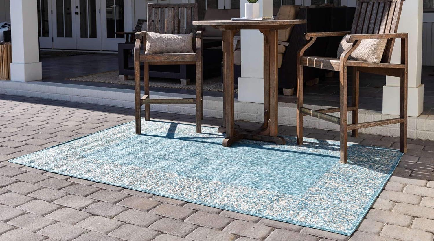 Unique Loom 7' 1 x 10' 0 Rectangle Indoor/Outdoor Border Aqua Area Rug
