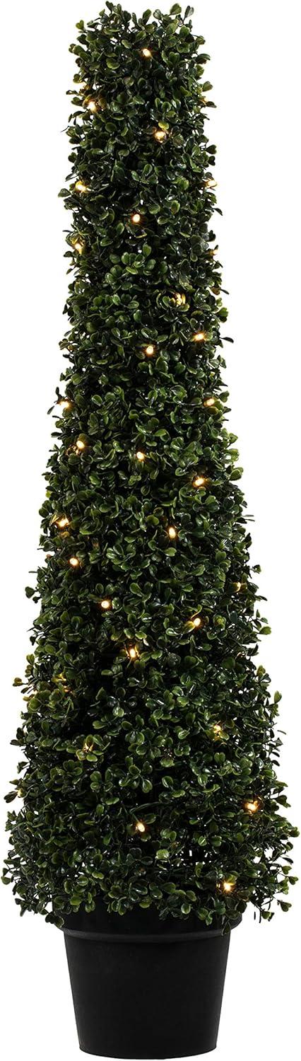 Elegant 36" Pre-Lit Outdoor Boxwood Topiary in White Plastic Pot