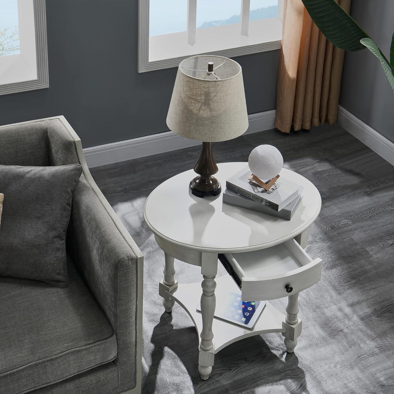 Solid Wood Oval End Table Sofa Table with Drawer and Storage Shelf Antique White - End Table