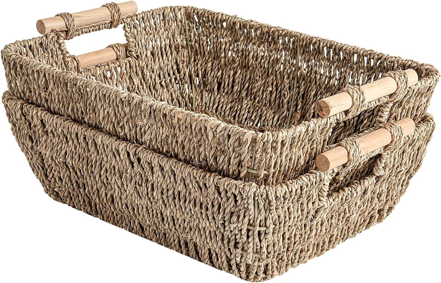 Hand-Woven Natural Seagrass Rectangular Storage Baskets with Wooden Handles