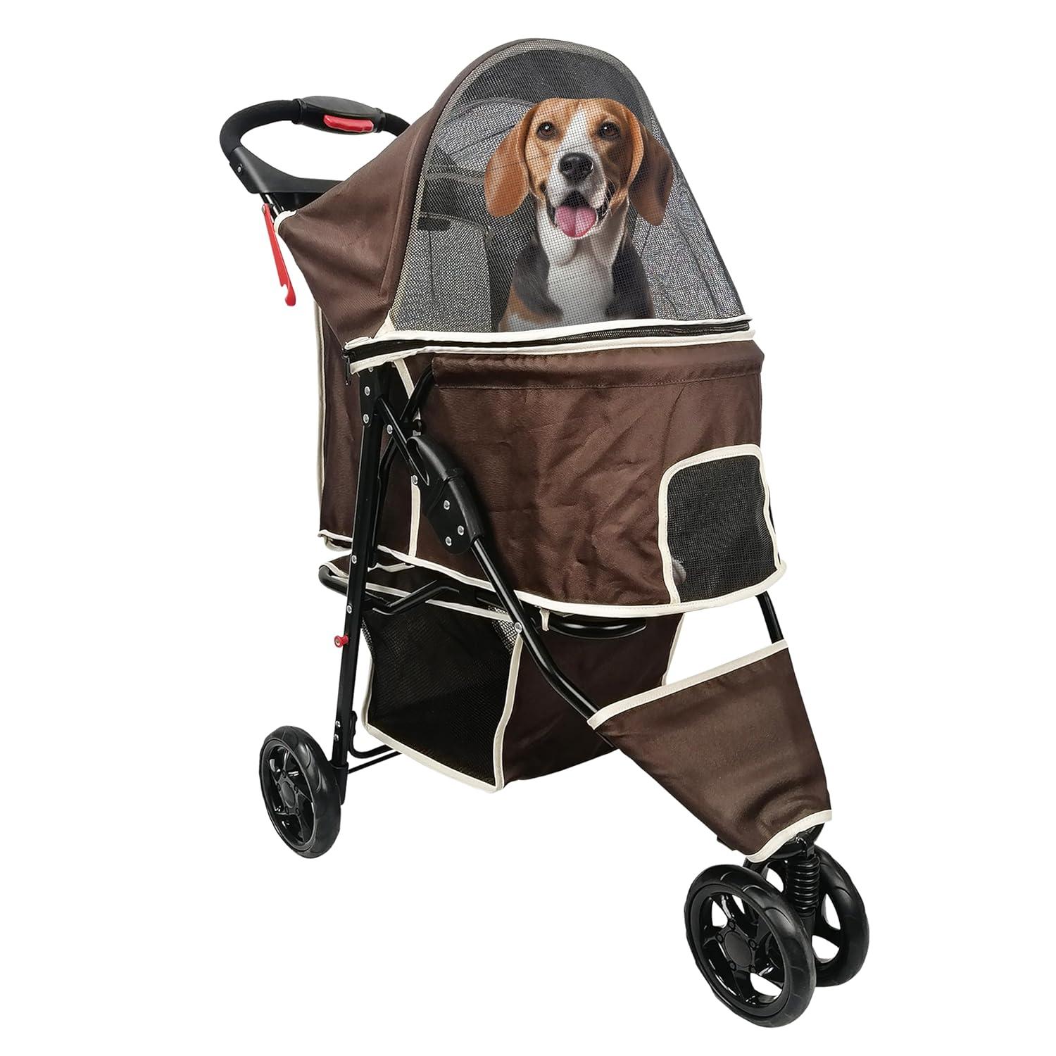 AmorosO Coffee Brown Foldable Pet Stroller with Storage