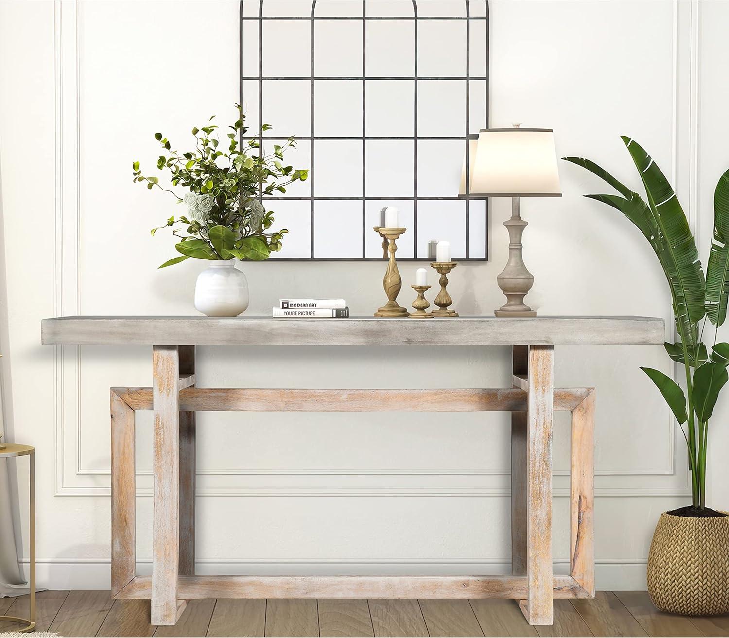 Rustic Light Brown Mango Wood 60" Console Table with Geometric Base