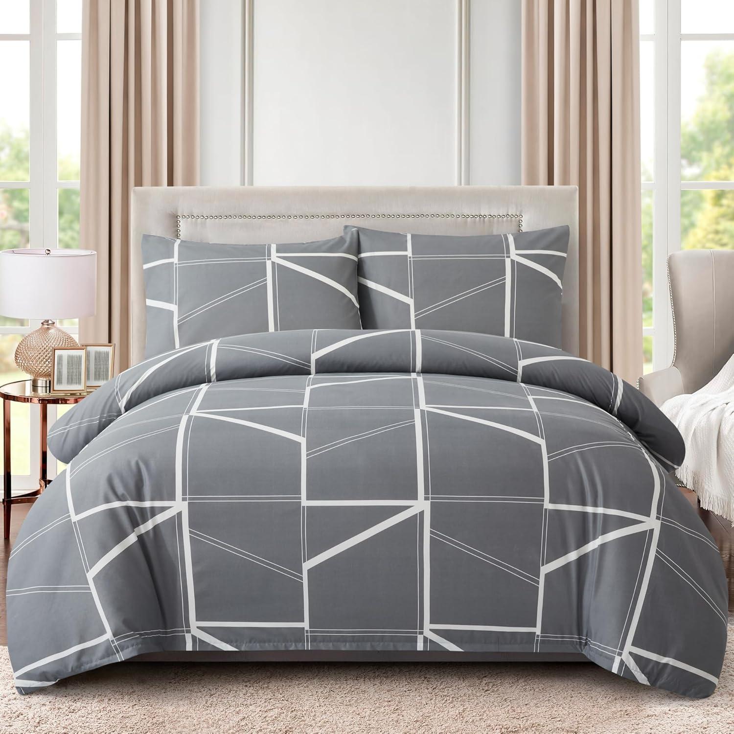 King Grey and White Geometric Bamboo Rayon Bedding Set