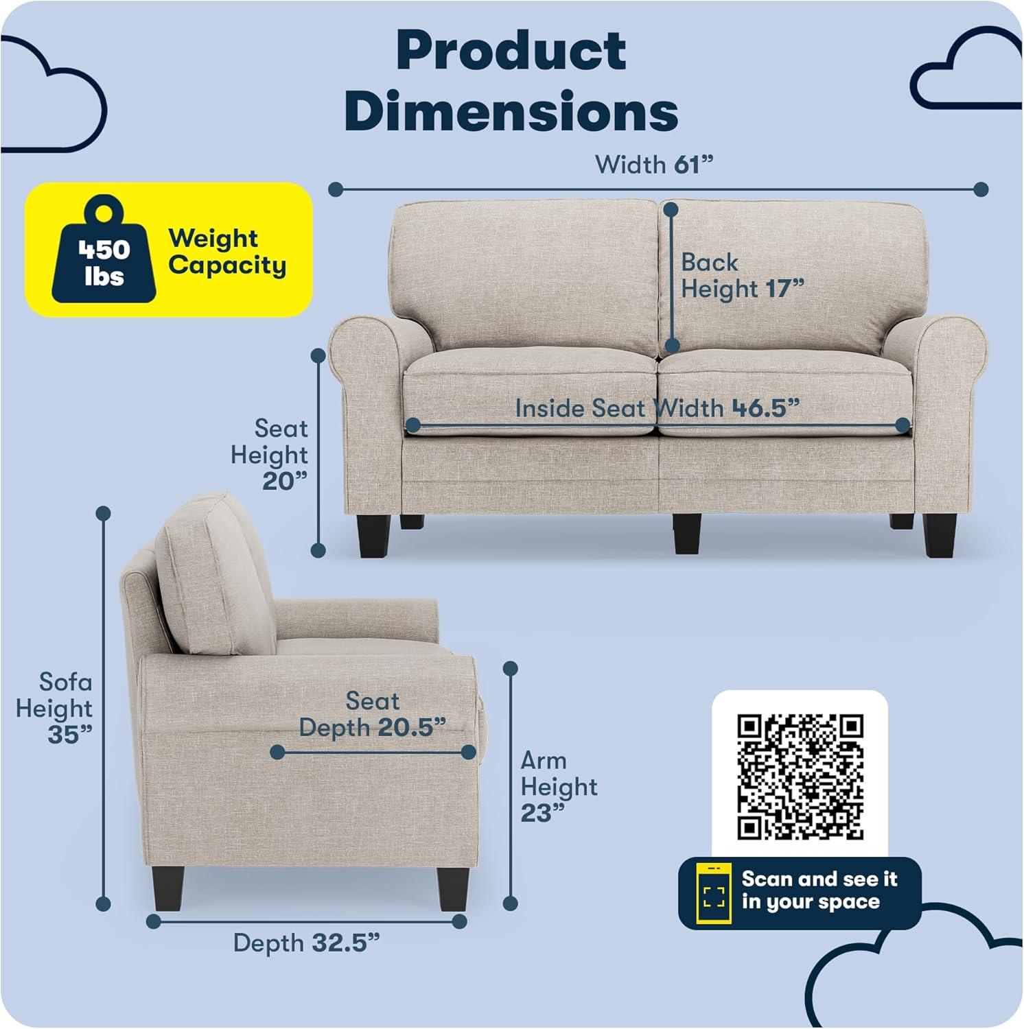 Light Gray Polyester Blend Rolled Arm Loveseat with Wood Legs