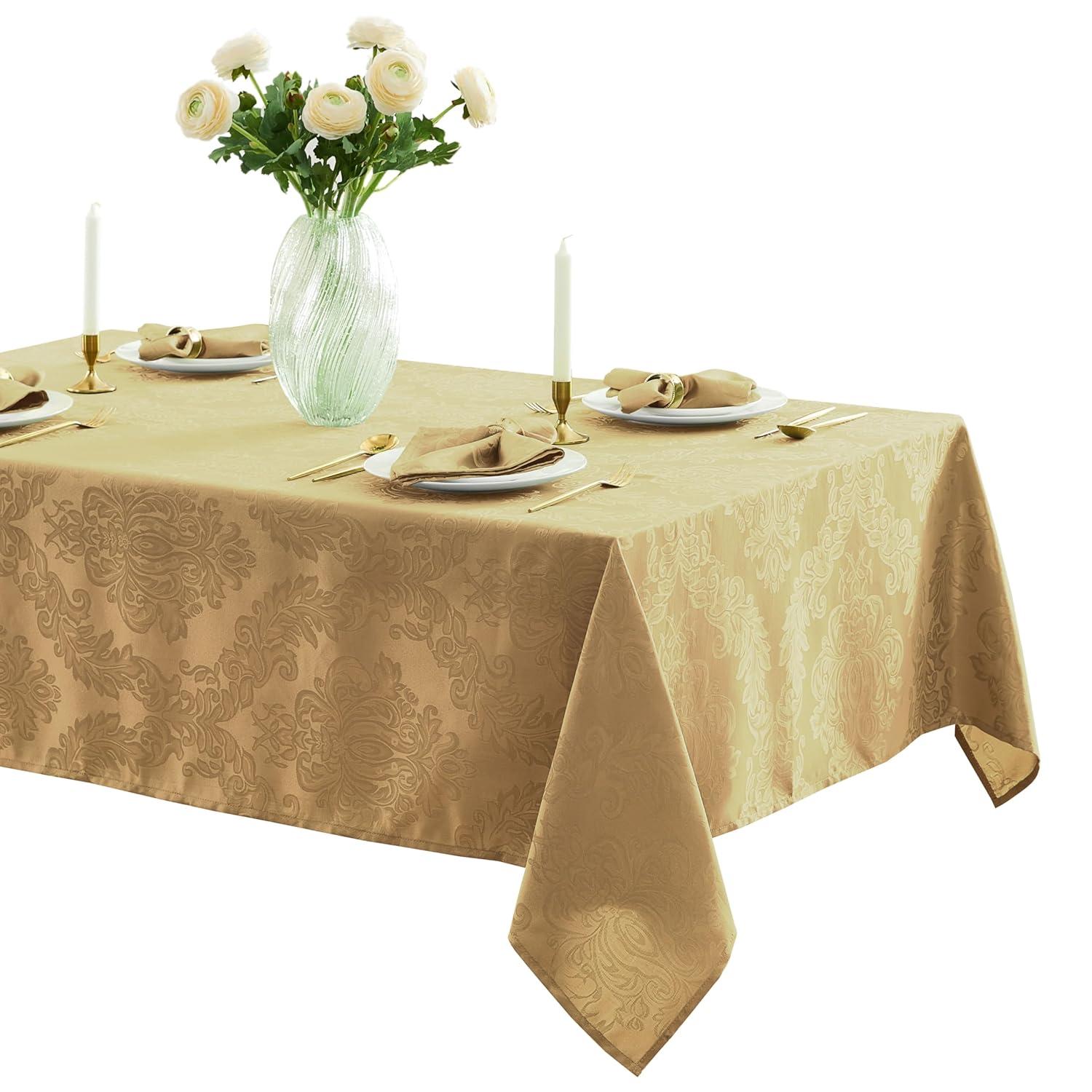 Barcelona Jacquard Damask Stain Resistant Tablecloth - 60" x 144" Rectangle - Gold - Elrene Home Fashions