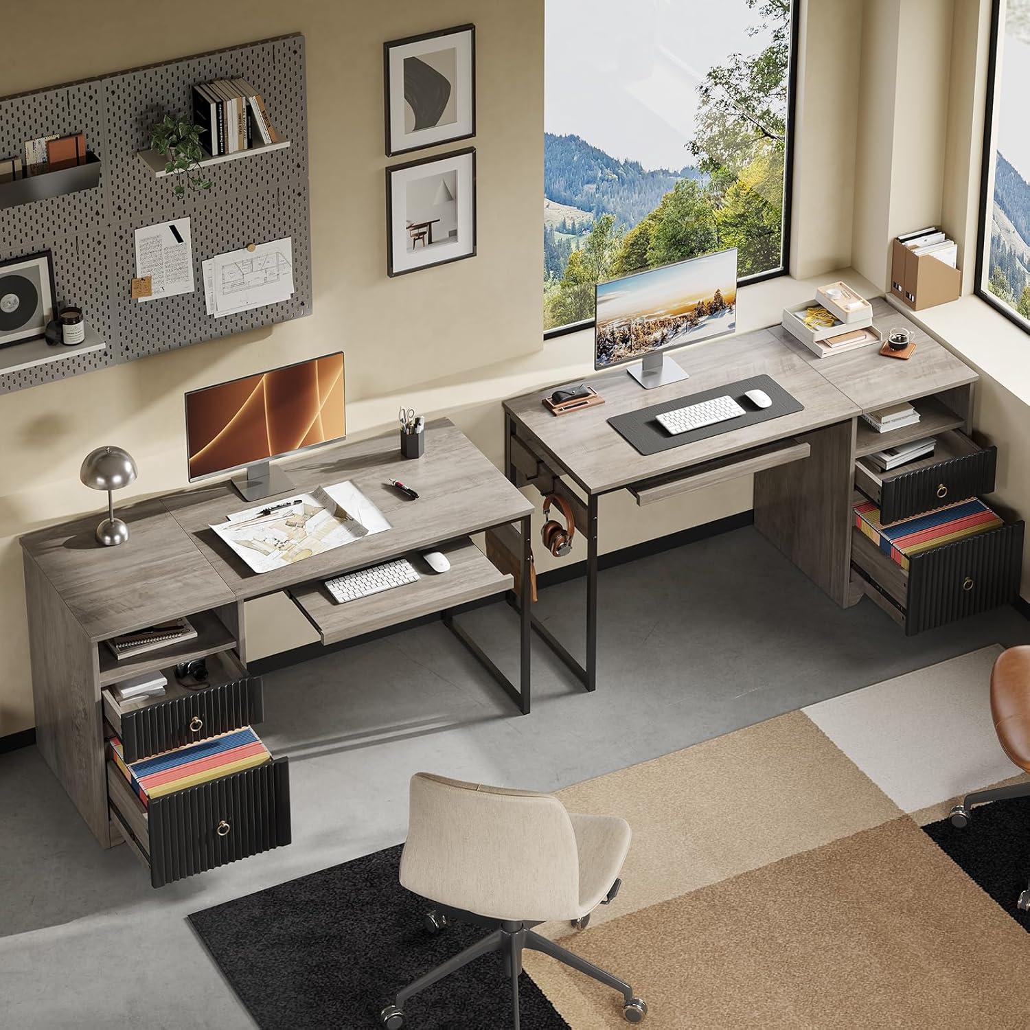 Bestier 55 inch Computer Desk with Drawers & Keyboard Tray & File Cabinet Home Office Desk in Grey