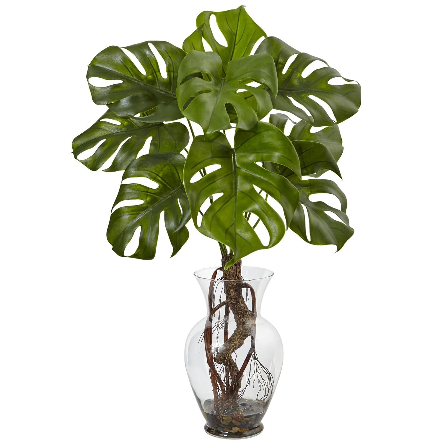 Nearly Natural 26-in Monstera Plant in Rocks with Glass Vase