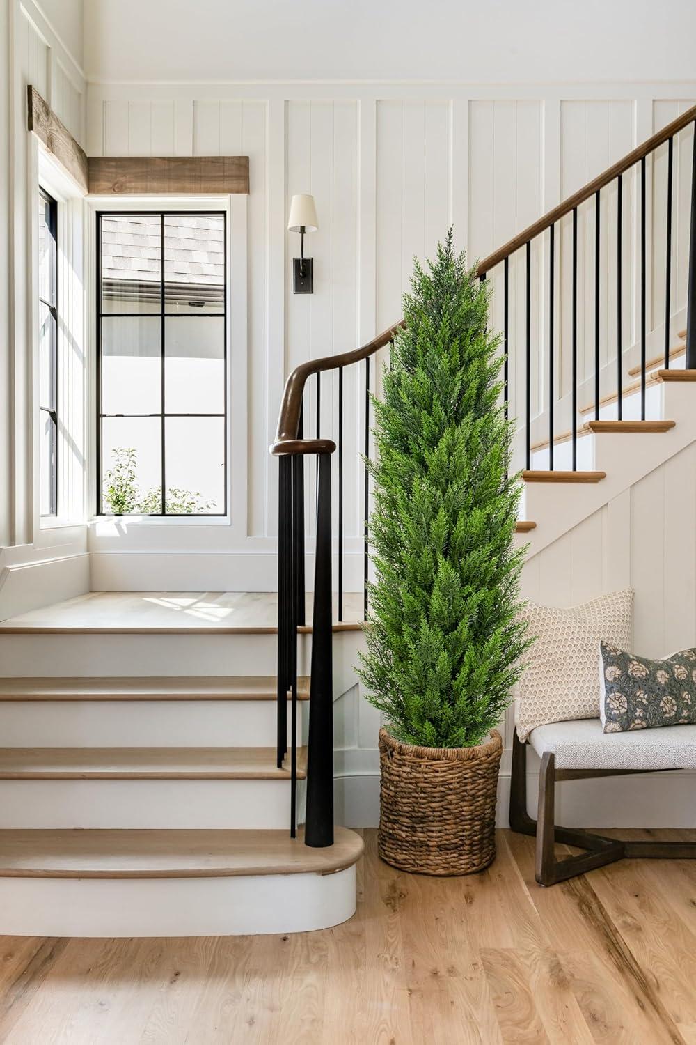 5ft Artificial Cedar Topiary Trees for Outdoors, Fake Cypress Plants with Solar Light String, Faux uv resistant Plants for Home Front Porch Decor, Housewarming Gift