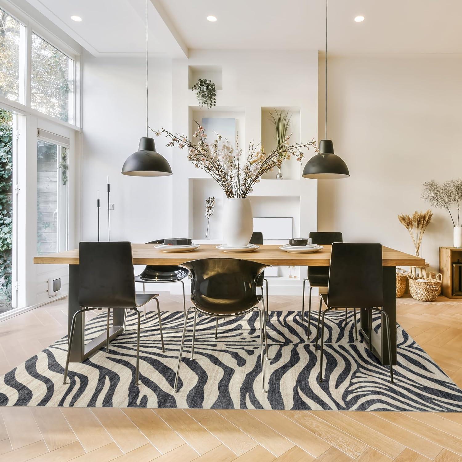 Gertmenian Crystal Print Zebra Black White Modern Animal Print Washable Flat Pile Indoor Area Rug