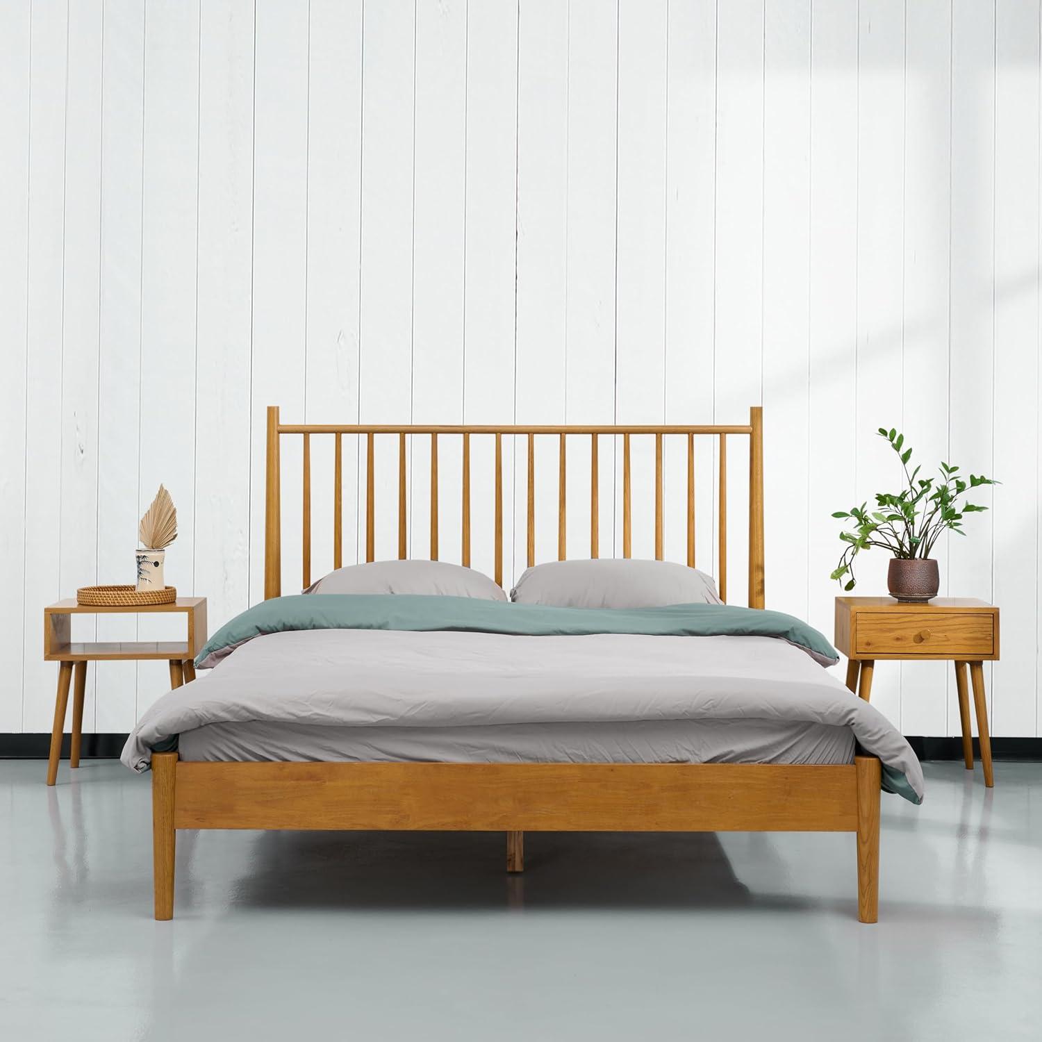 NTC Inno Solid Wood Bed Frame with Spindle Headboard and Silent Slats, 1000 lb Capacity