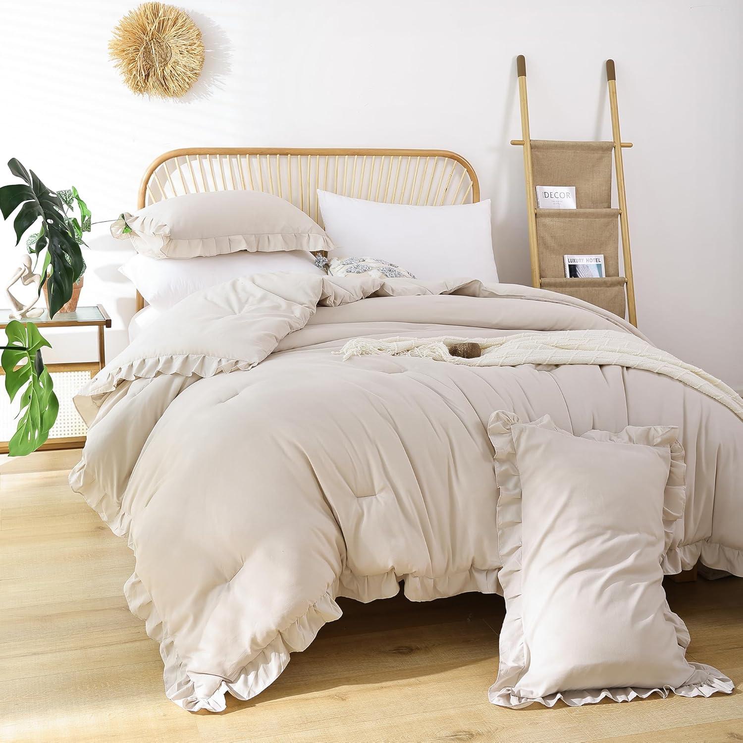 Beige Full Microfiber Ruffle Comforter Set with Pillowcases