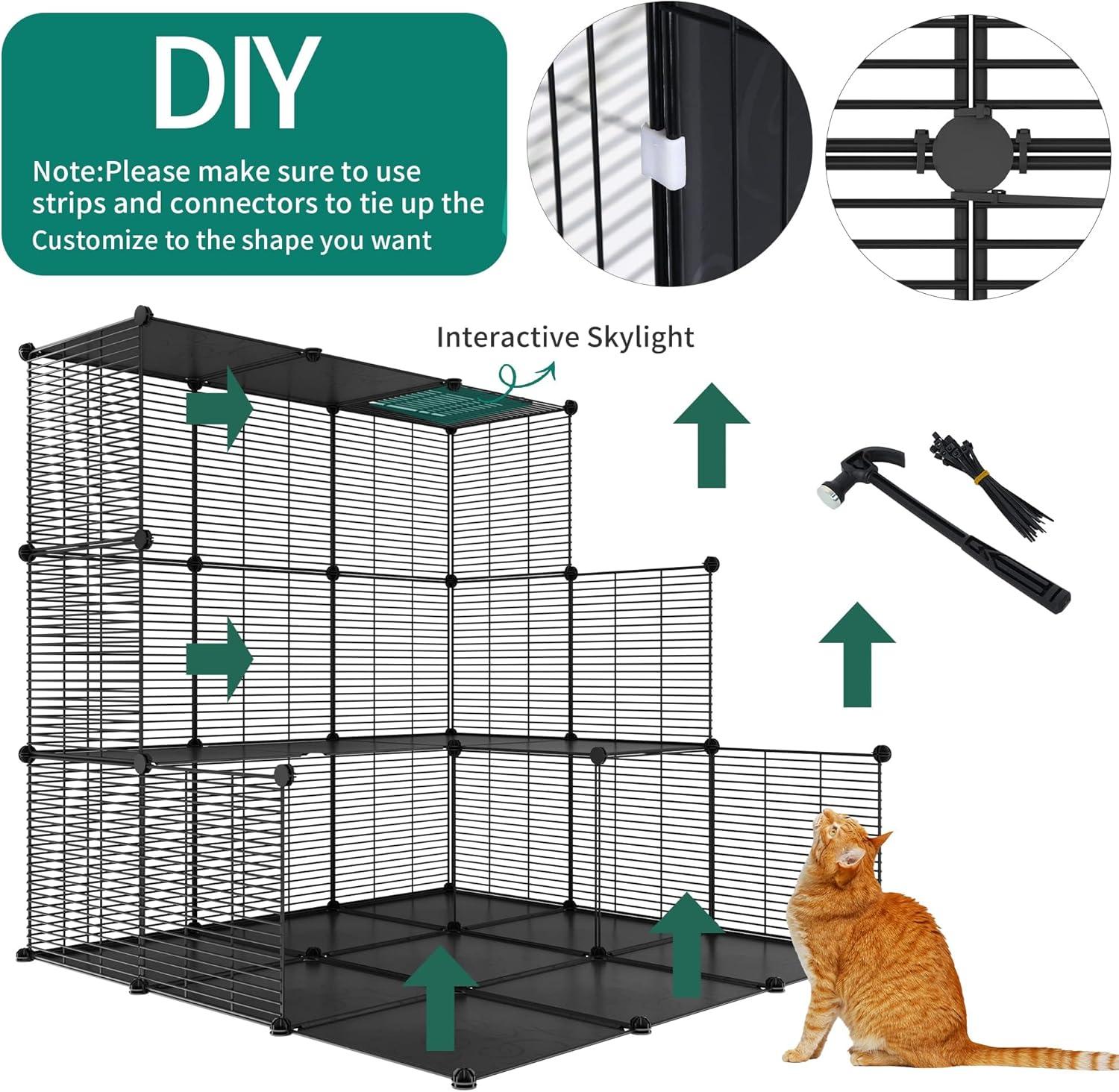 Cat Cage Indoor Cat Enclosures DIY Cat Playpen Metal Kennel with Extra Large Hammock for 1-2 Cats, Ferret, Chinchilla, Rabbit, Small Animals