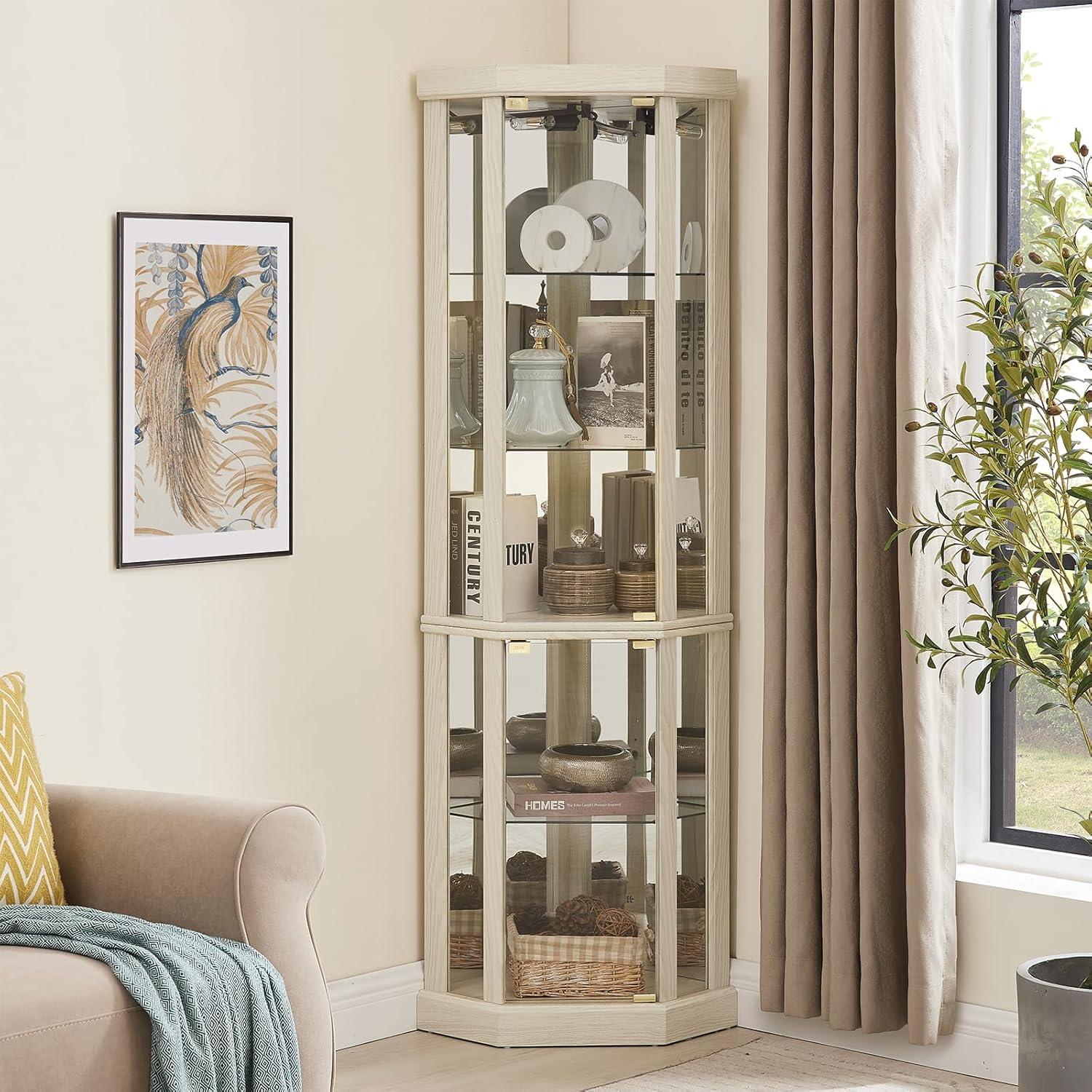 Lighted Corner Curio Cabinet,Corner Display Cabinet with Tempered Glass Doors Mirrored Back Panel Adjustable Shelves,16.46" L X 16.46" W X 69.84" H(Antique White)