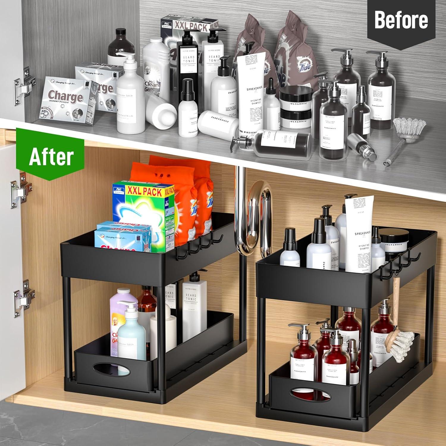 PUILUO Under Sliding Cabinet Basket Organizer, 2 Tier Under Sink Organizers Black Under Sink Storage for Bathroom Kitchen