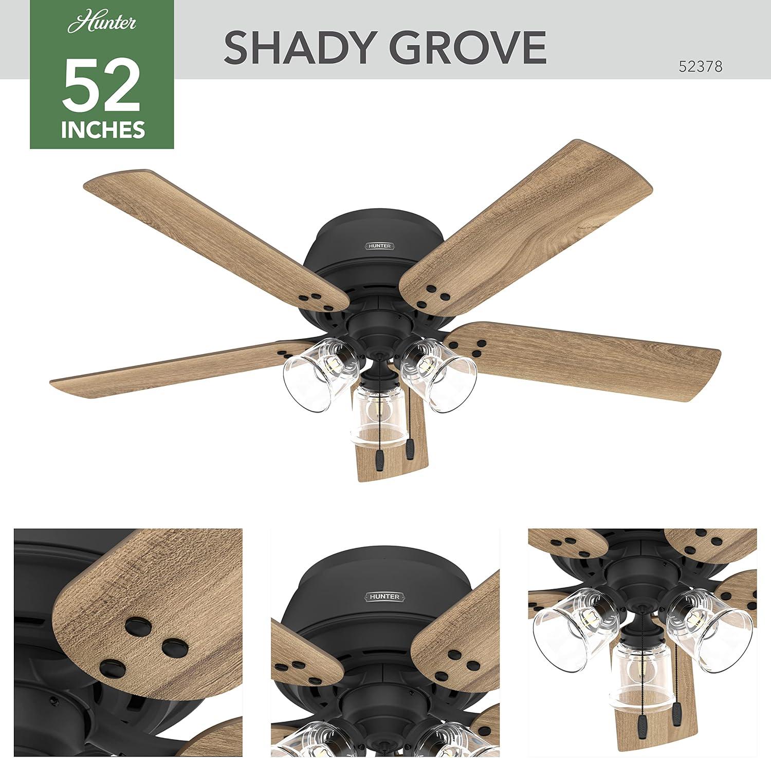 52" Shady Grove Low Profile Ceiling Fan with Light Kit and Pull Chain (Includes LED Light Bulb) - Hunter Fan