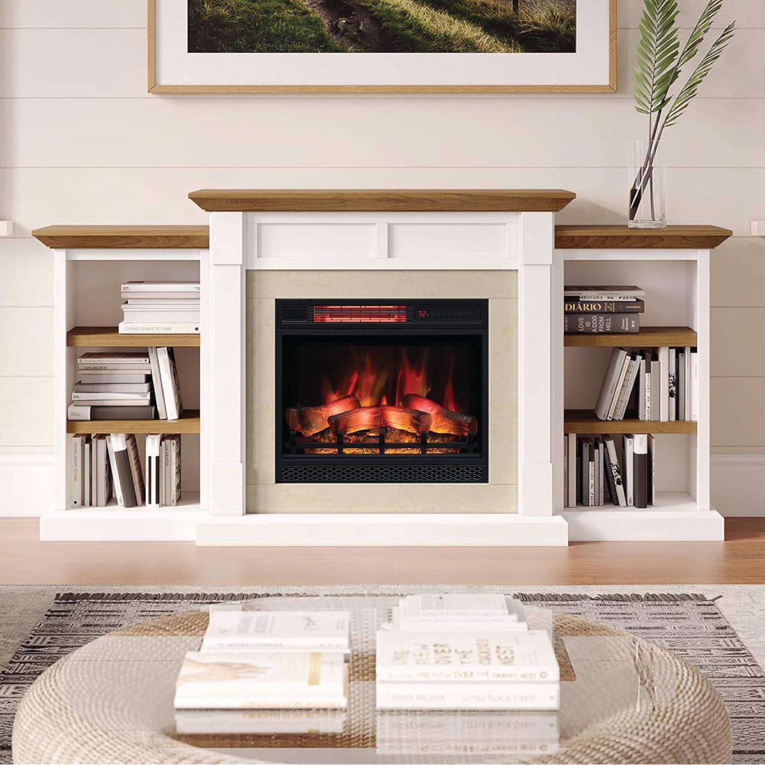 Country Living Belhaven 74 Inch Bookcase Mantel Package | 23 Inch Smart Electric Fireplace Insert Heater