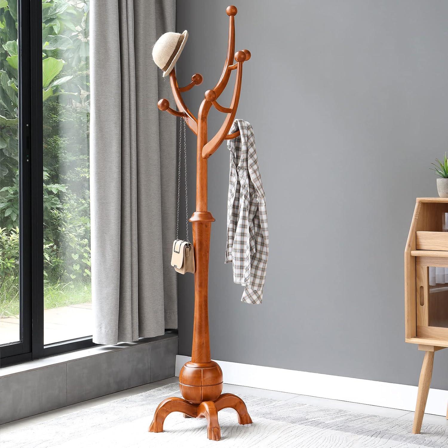 Walnut Brown Freestanding Wooden Coat Rack with 8 Hooks