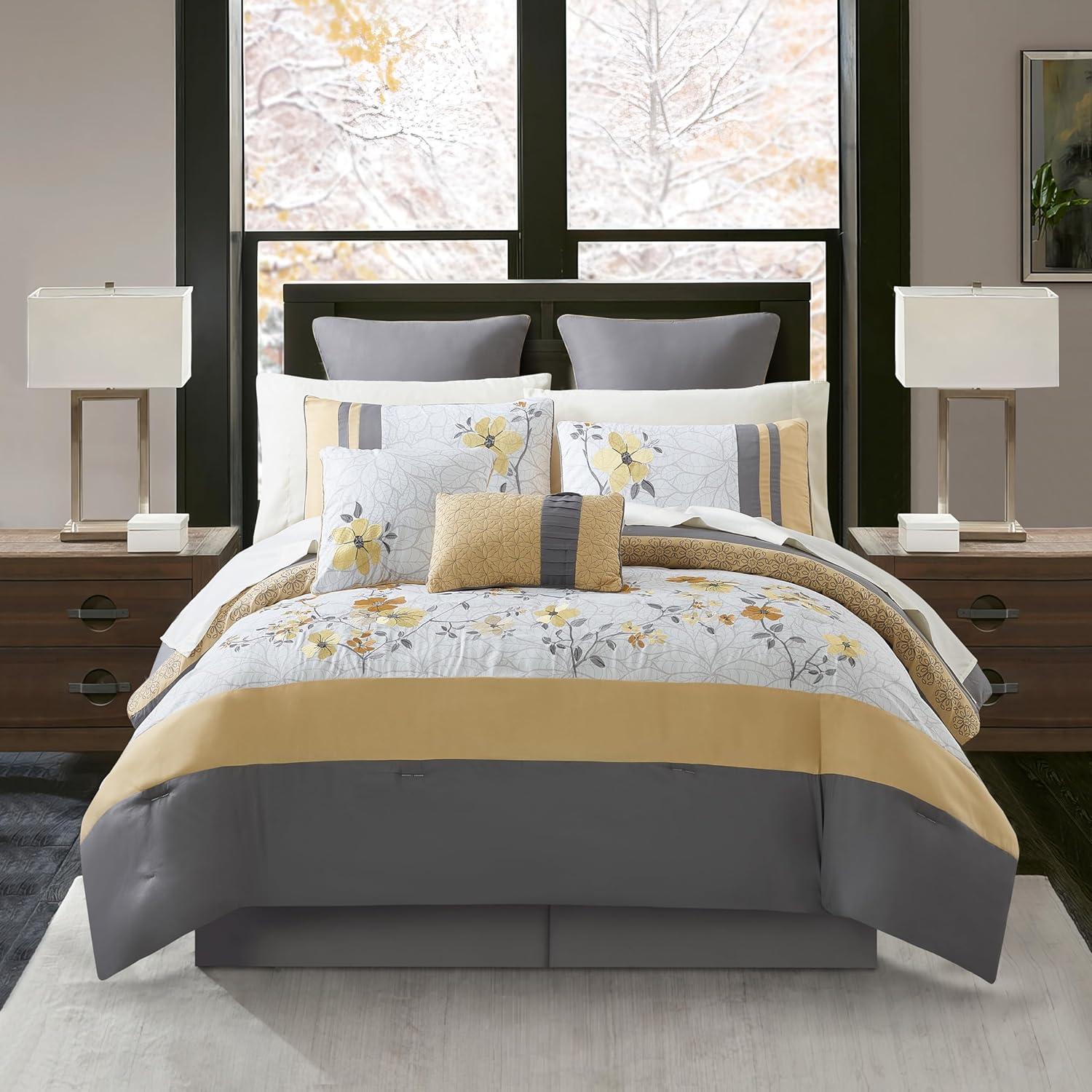 Queen Gray Microfiber Floral Embroidered Comforter Set