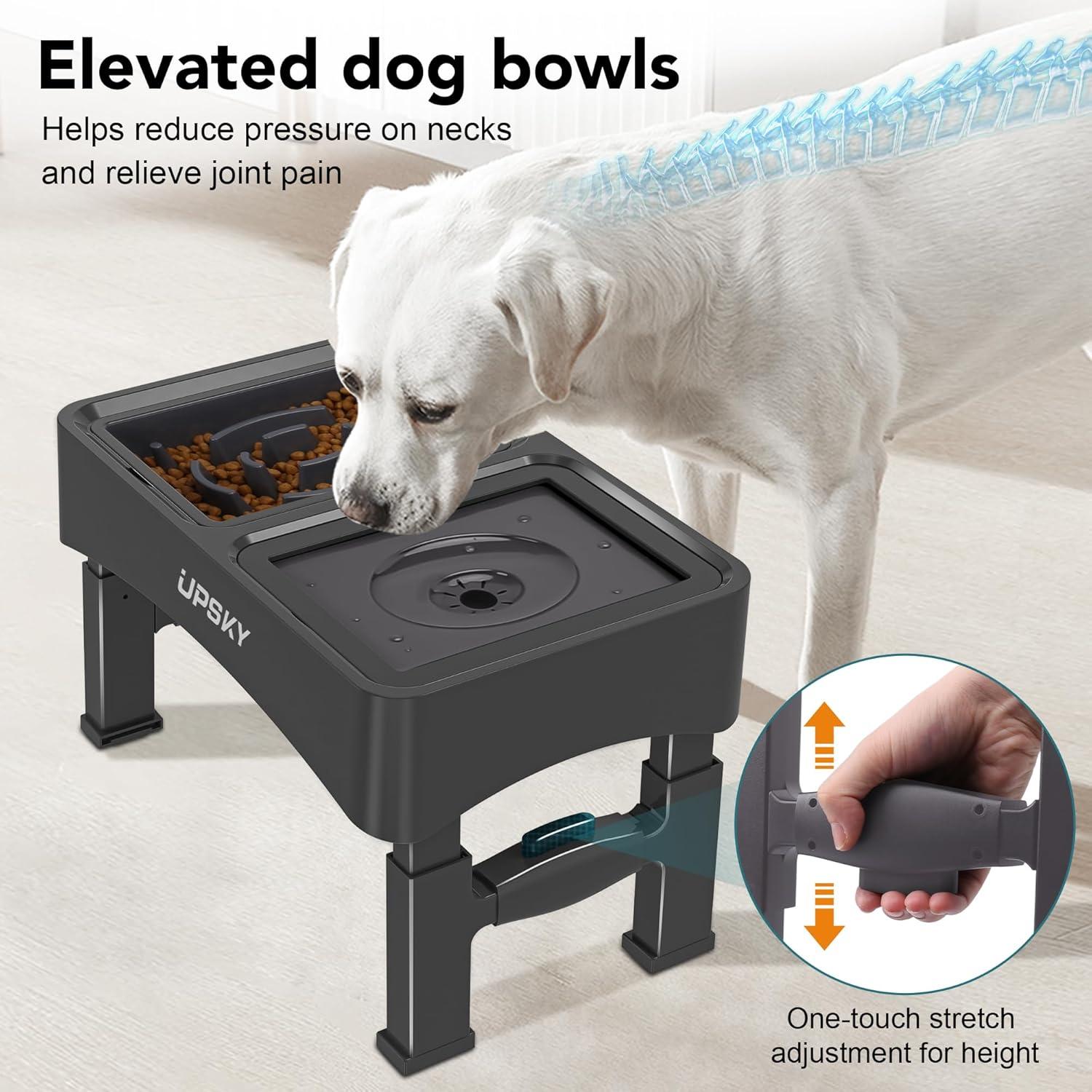 UPSKY 2-in-1 Elevated Dog Bowls Slow Feeder, 4 Height Adjustable Raised Dog Bowl Stand No Spill Dog Water Bowl Dispenser, Anti-Slip Dog Food and Water Bowl for Small Medium Dogs.