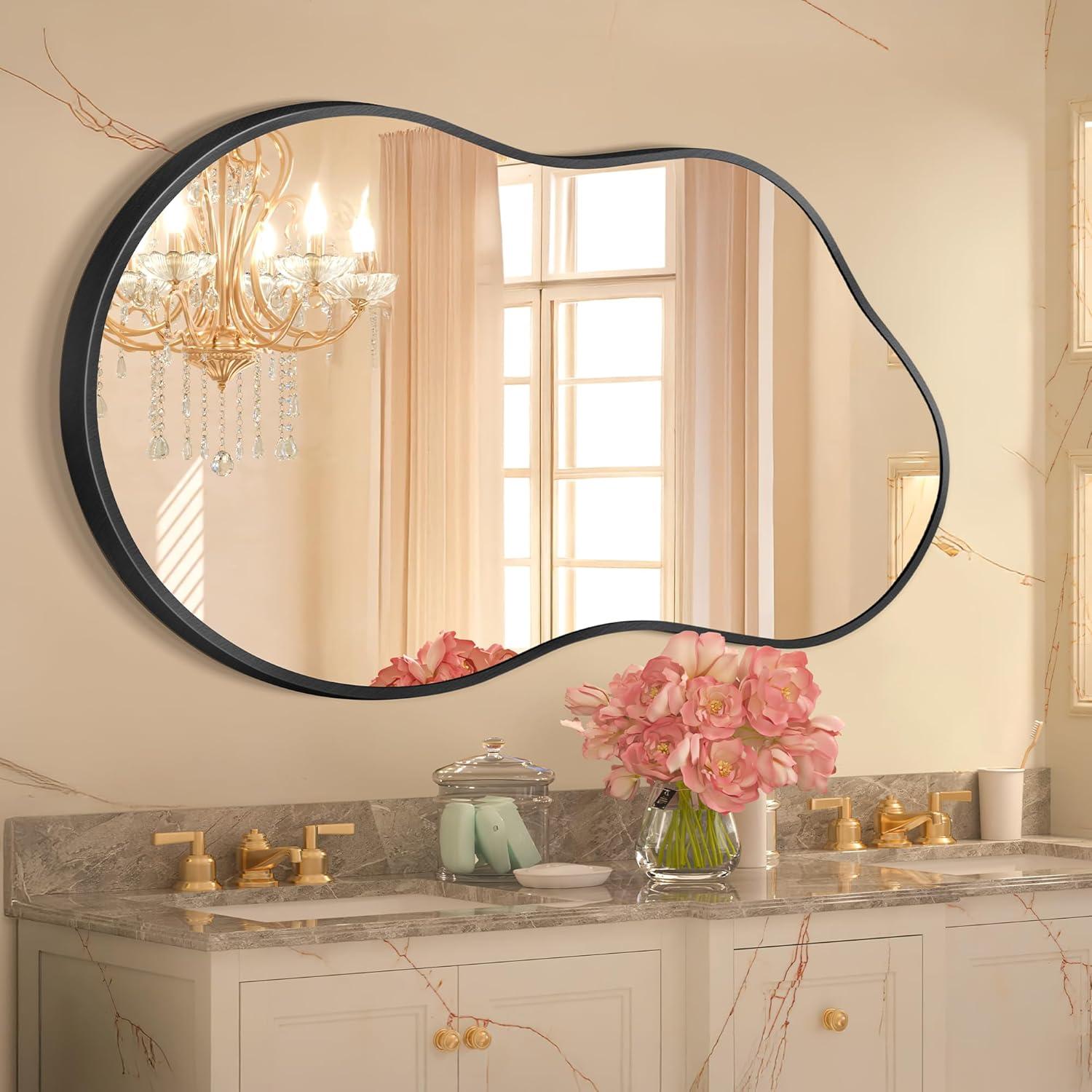 Funtouch Irregular Wall Mirrors 24"x 36" Cloud Shaped Mirrors for Bathroom, Aluminum Alloy Frame Black
