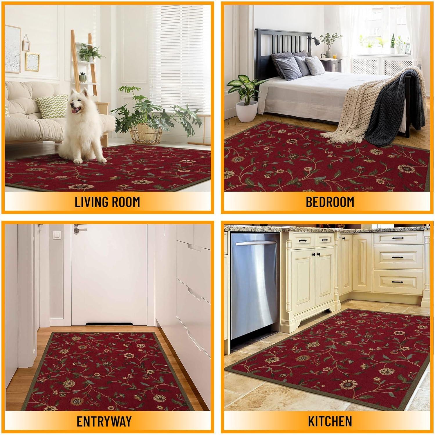 Ottohome Machine Washable Non-Slip Floral Leaves Area Rug For Living Room, Hallway Runner, Entryway Rug