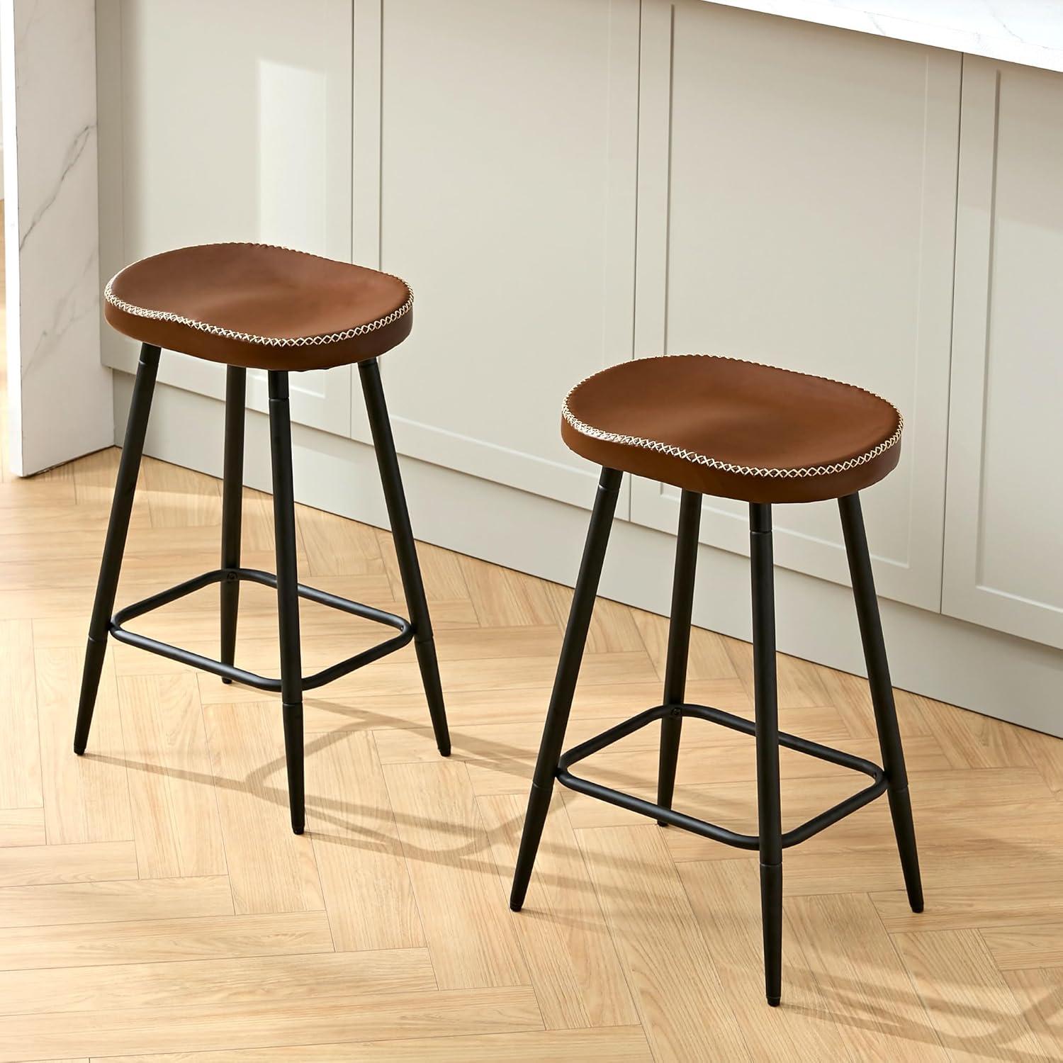 Adjustable Brown Faux Leather Saddle Bar Stools with Metal Legs