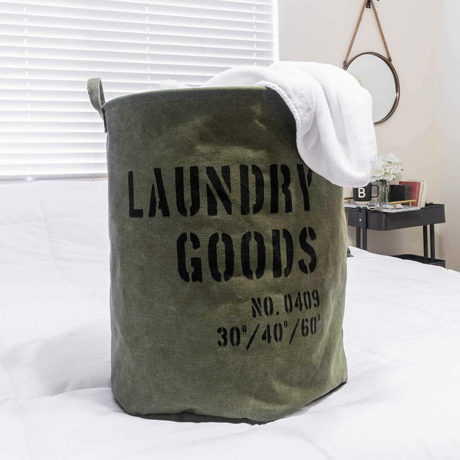 Danya B. Army Canvas Laundry Bucket Dusty Olive: Collapsible Hamper with Built-In Handles, Portable & Multipurpose