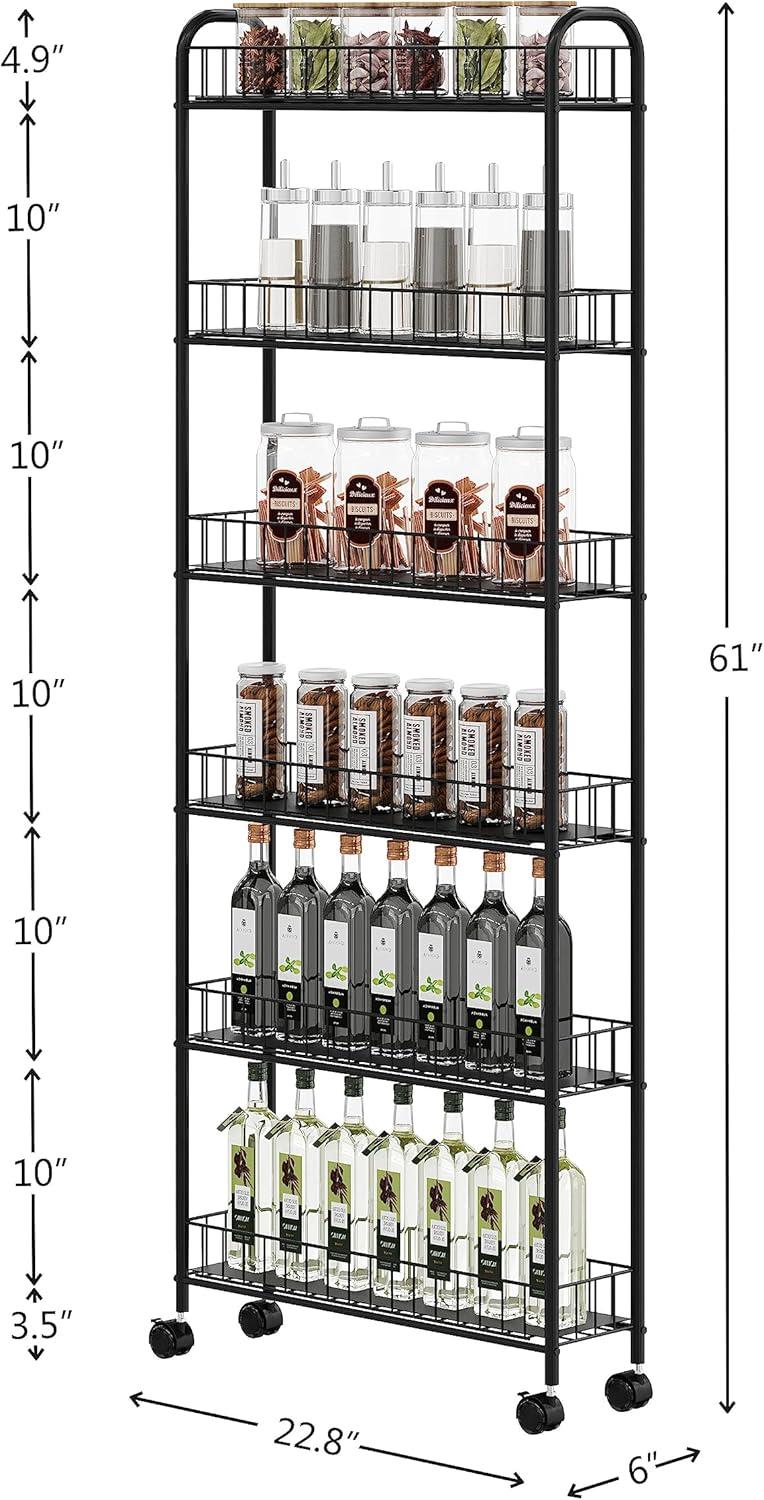 GVN Mobile Shelving Unit Organizer Utility Cart,6 Tier Storage Cart,Metal Kitchen Rolling Cart with Lockable Wheels & Baskets,6" Slim Storage Shelf