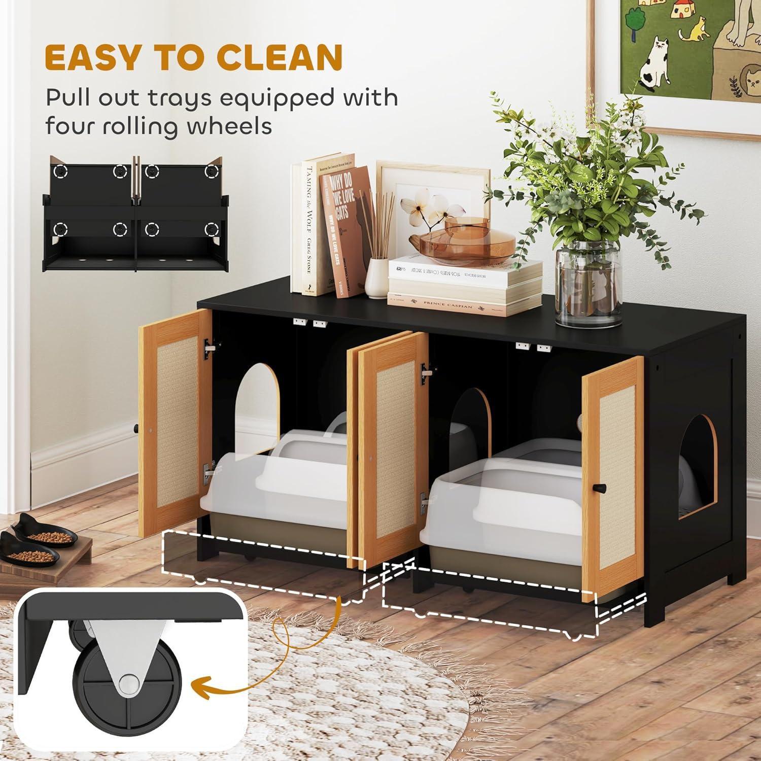 PawHut Cat Litter Box Enclosure, Hidden Litter Box Furniture for 2 Cats with 2 Cabinets, Scratching Mats & Trays, Black