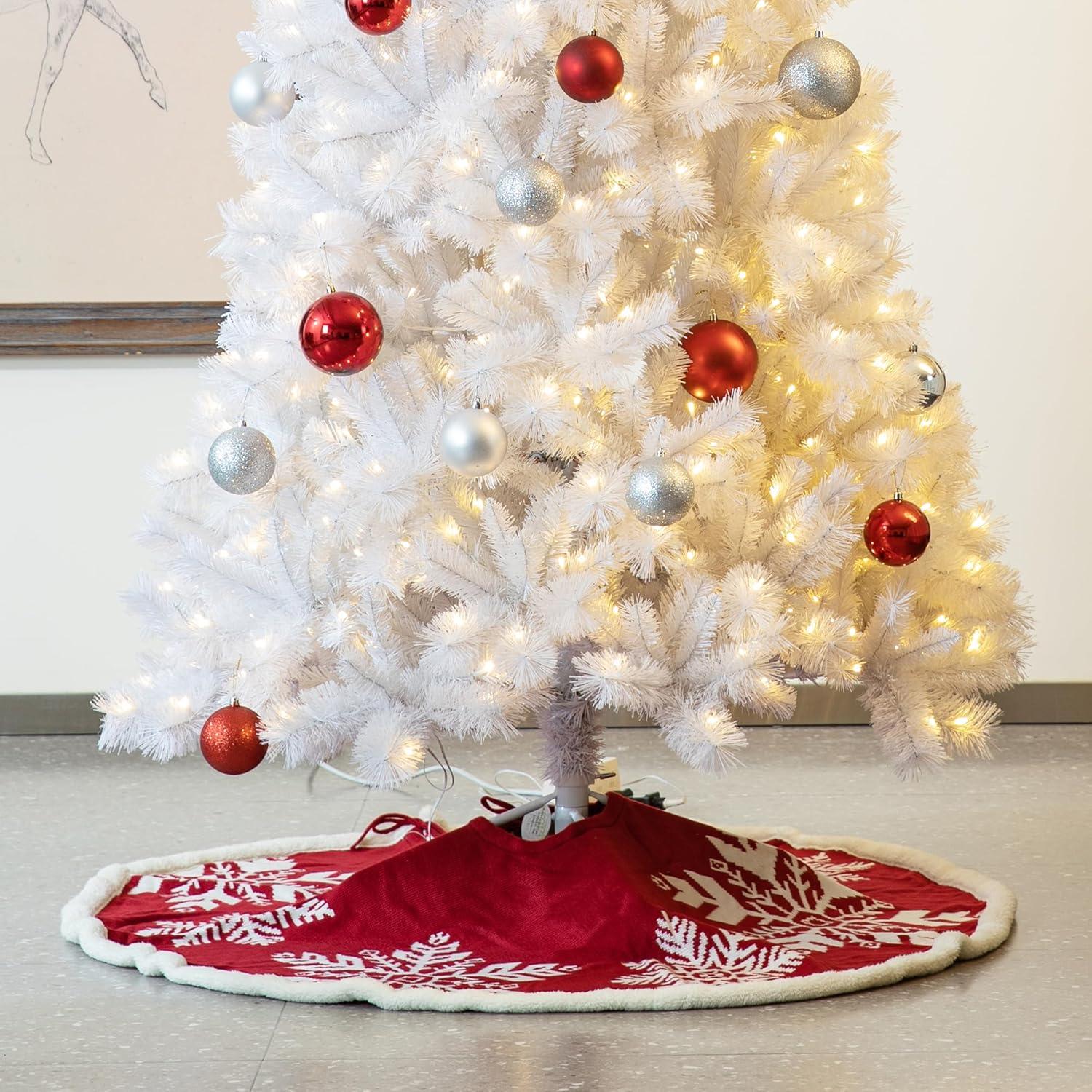 Red and White Knitted Snowflake Christmas Tree Skirt, 48 Inches