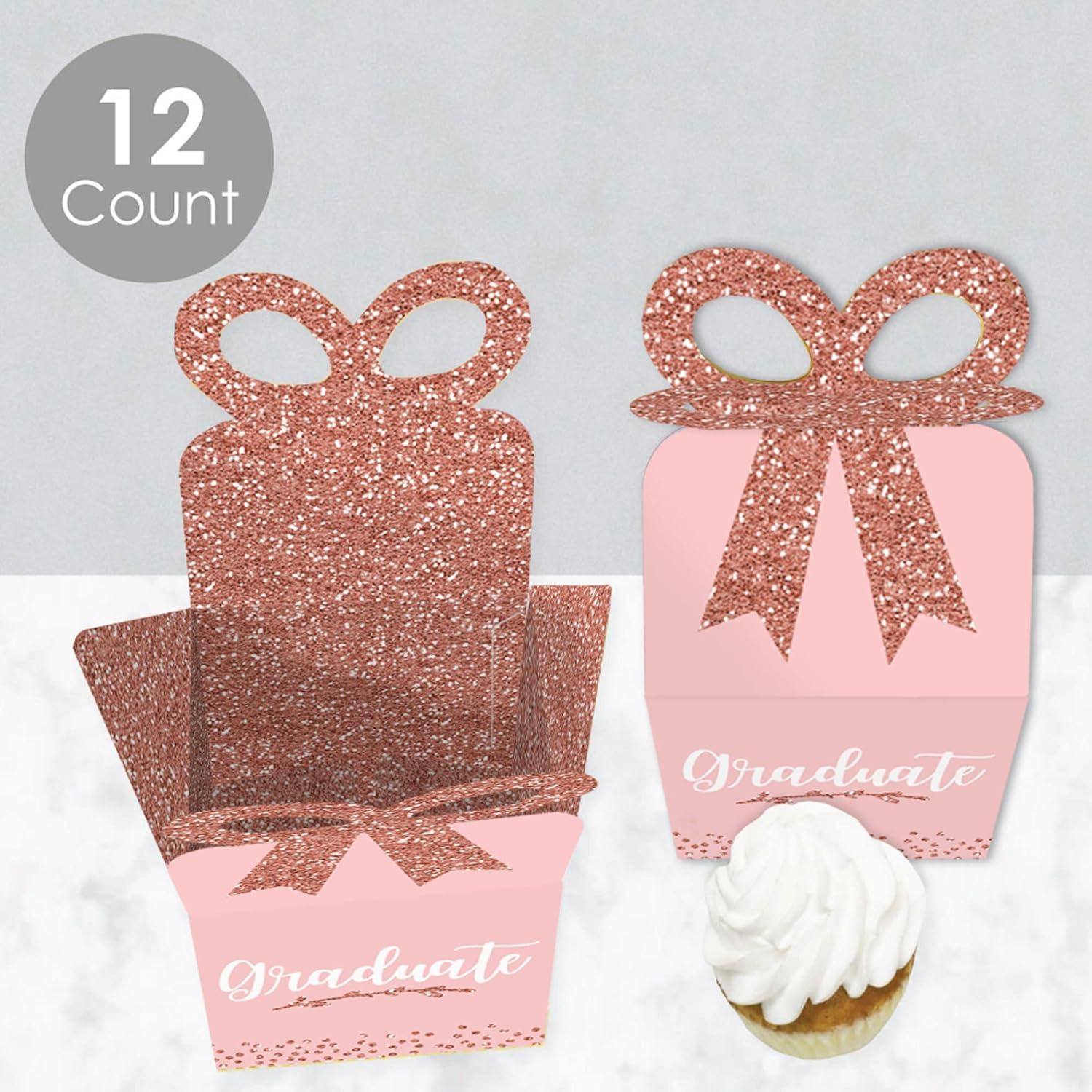 Big Dot of Happiness Rose Gold Grad - Square Favor Gift Boxes -  Graduation Party Bow Boxes - Set of 12