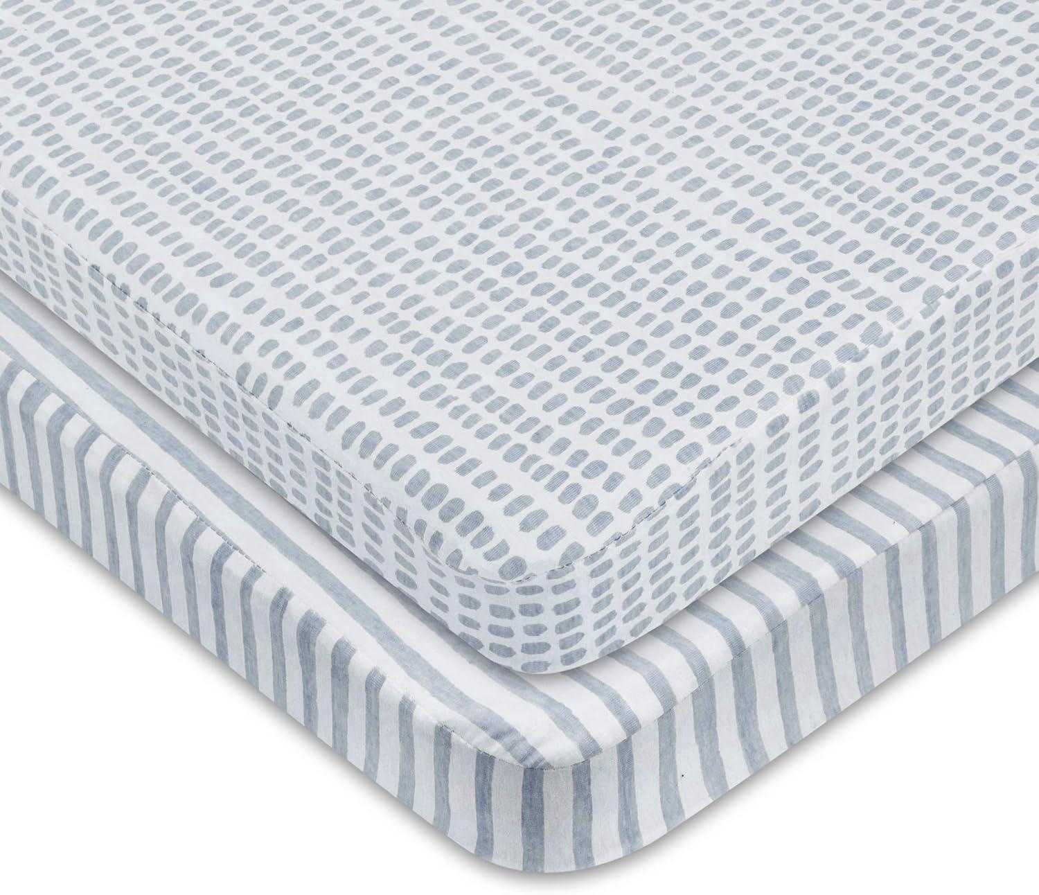 Ely's & Co. Baby Waterproof Changing Pad Cover - Cradle Sheet  100% Combed Jersey Cotton Misty Blue Splash & Stripes 2 Pack