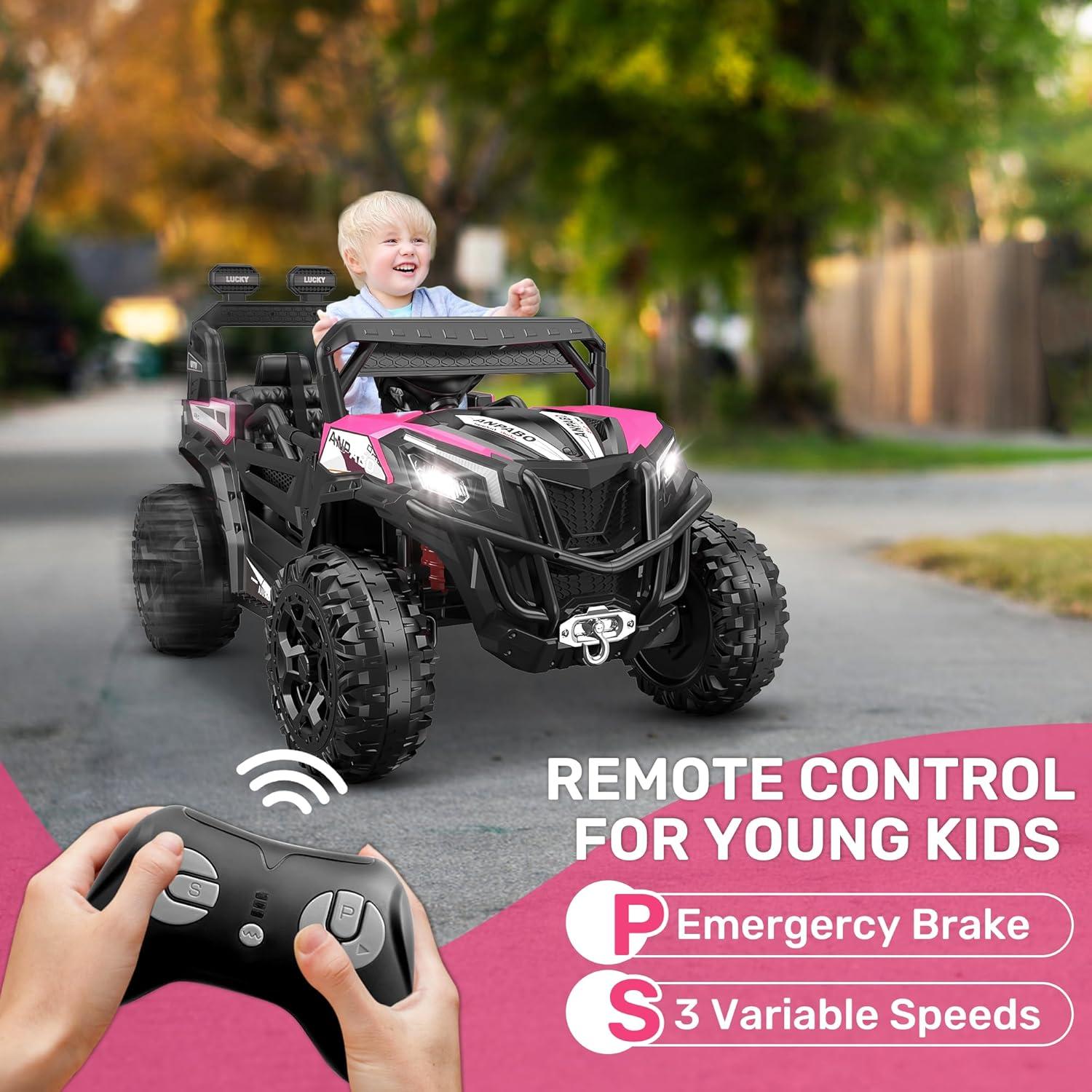 FINITO 24V Kids Ride on UTV 2WD/4WD Electric Off-Road Vehicle 4 Wheeler Battery Powered Truck with Storage Trunk Parent Remote Control Gift for Boy Girl Age 3+, Pink